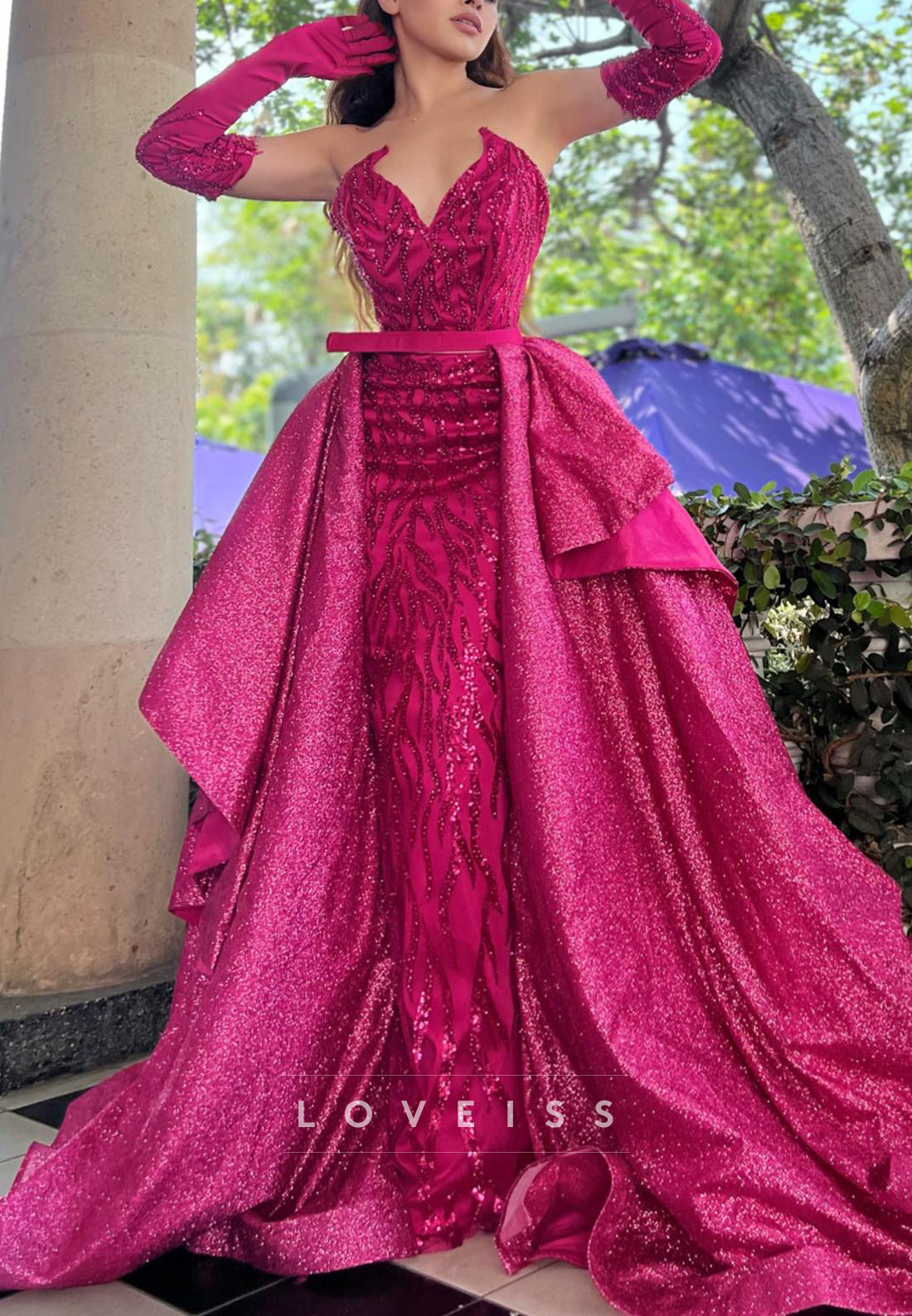 V-Neck Strapless Sequins Sheath Fuchsia Prom Dress