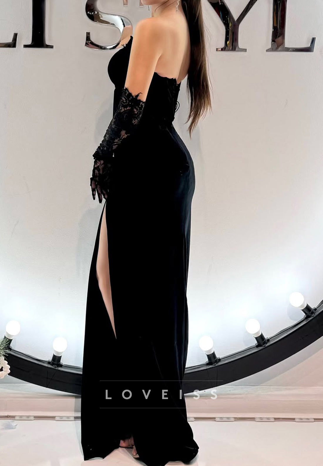 V-Neck Strapless Side Slit Sheath Evening Dress