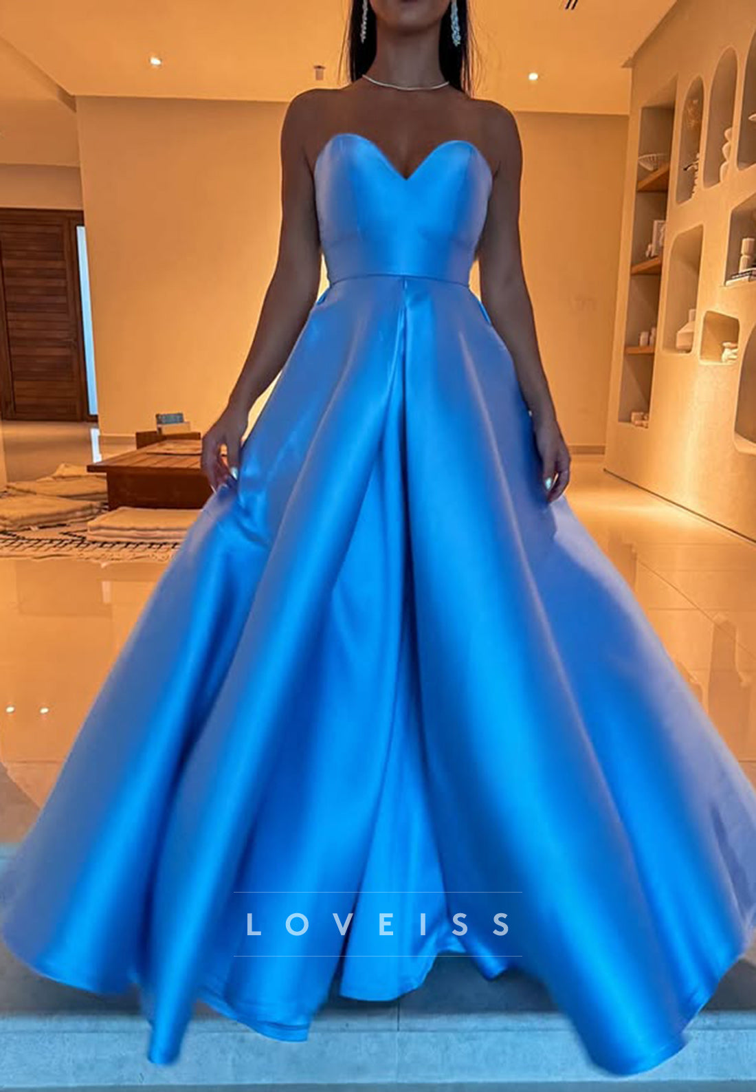 V-Neck Strapless Sleek Pleated Satin A-Line Prom Dress