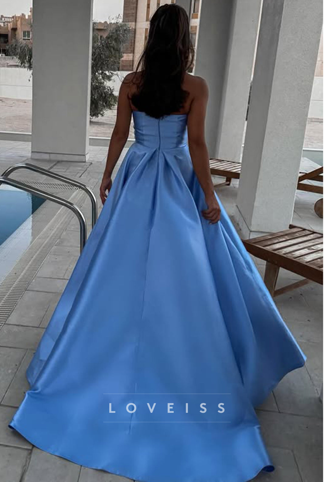 V-Neck Strapless Sleek Pleated Satin A-Line Prom Dress