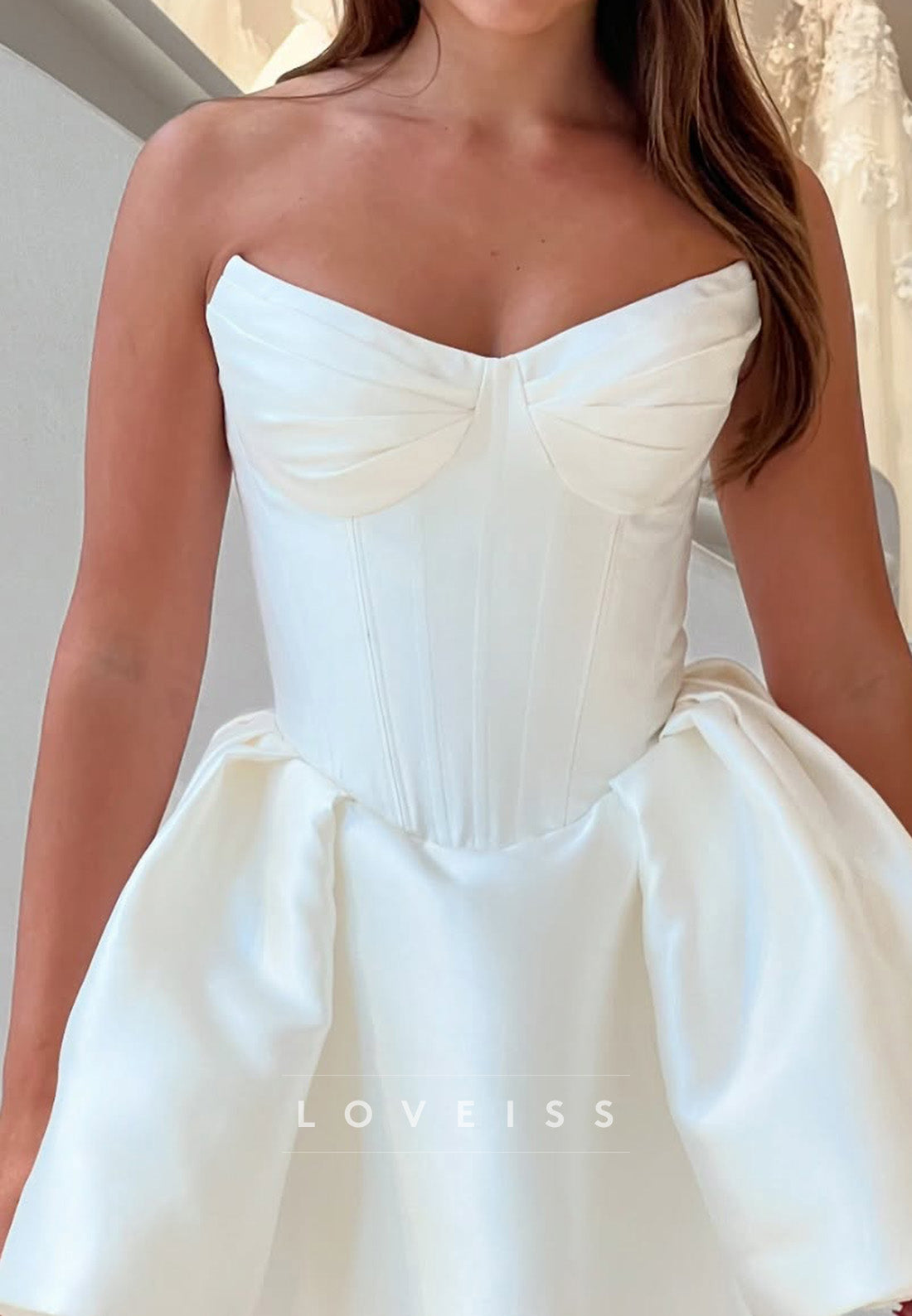 V-Neck Strapless Sleek Satin Simple A-Line Short Wedding Dress