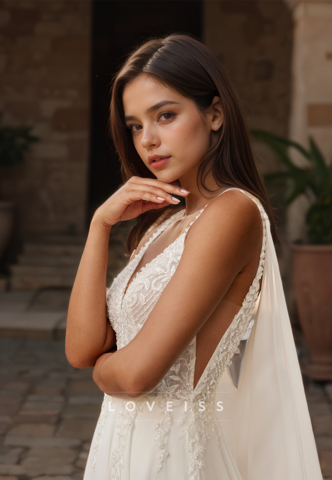 V-Neck Straps Appliques A-Line Wedding Dress