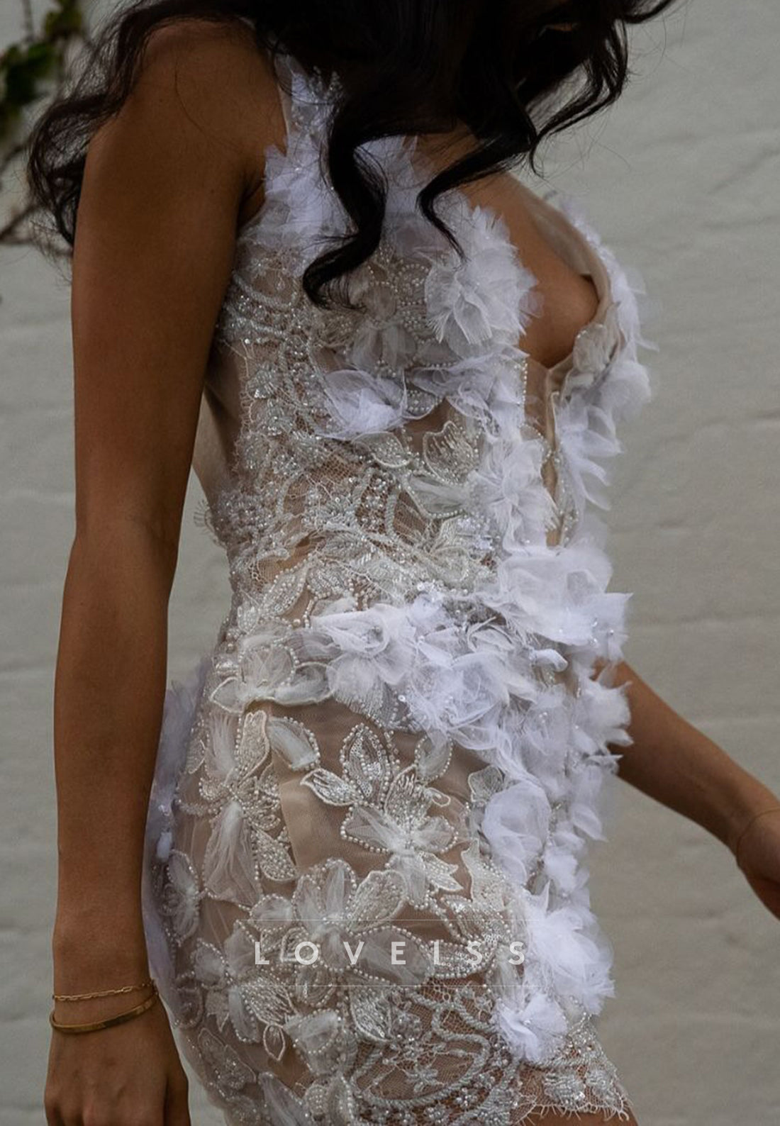 V-Neck Straps Appliques Floral Embellished Sheath Short Wedding Dress