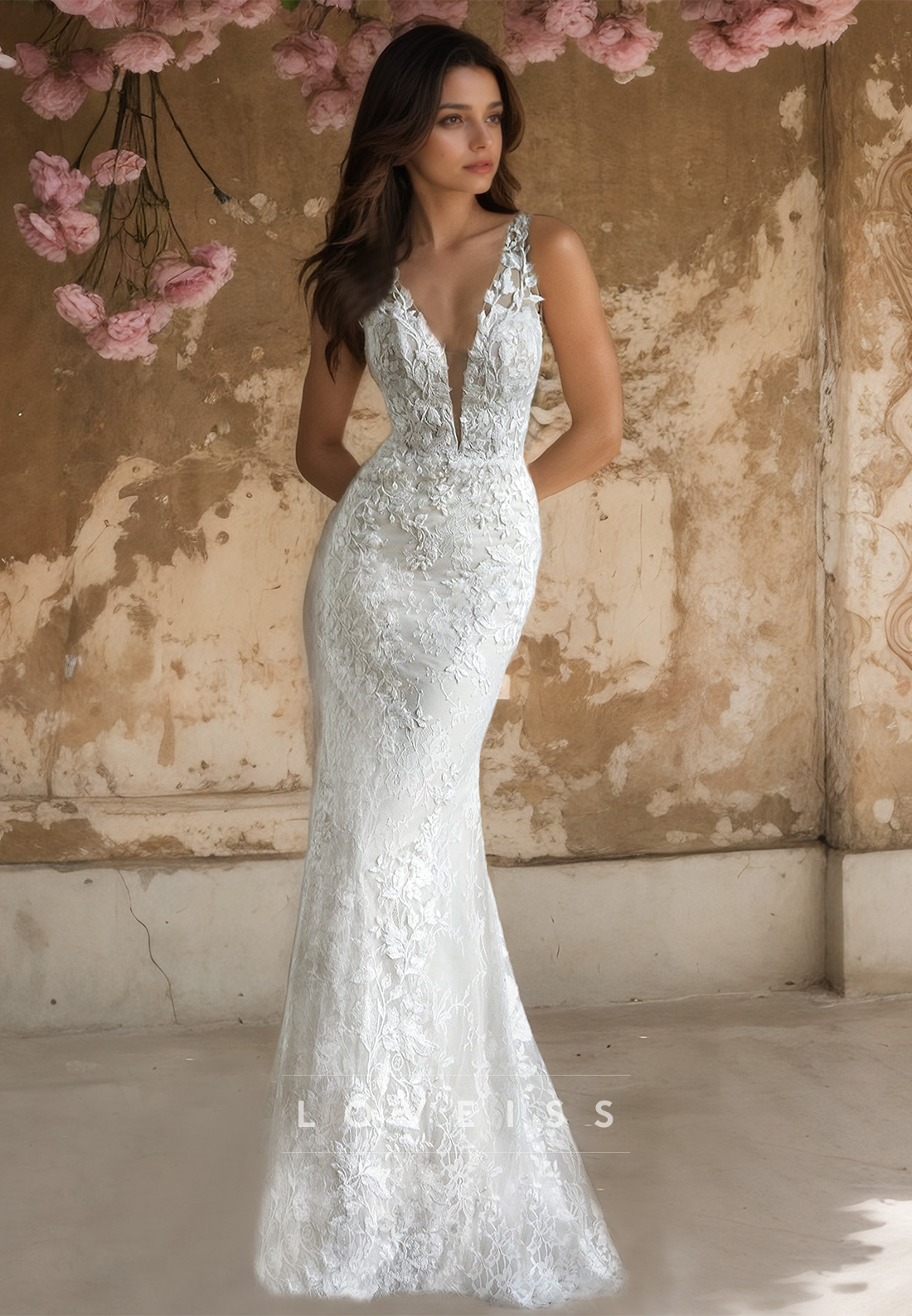 V-Neck Straps Appliques Mermaid Elegant Wedding Dress