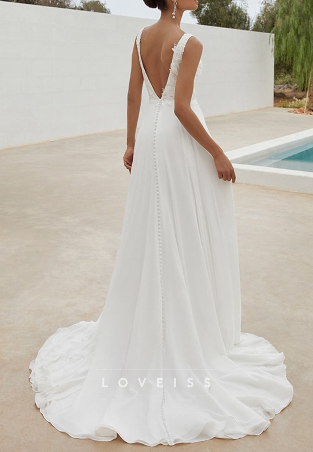 V-Neck Straps Appliques Pleated Chiffon A-Line Wedding Dress