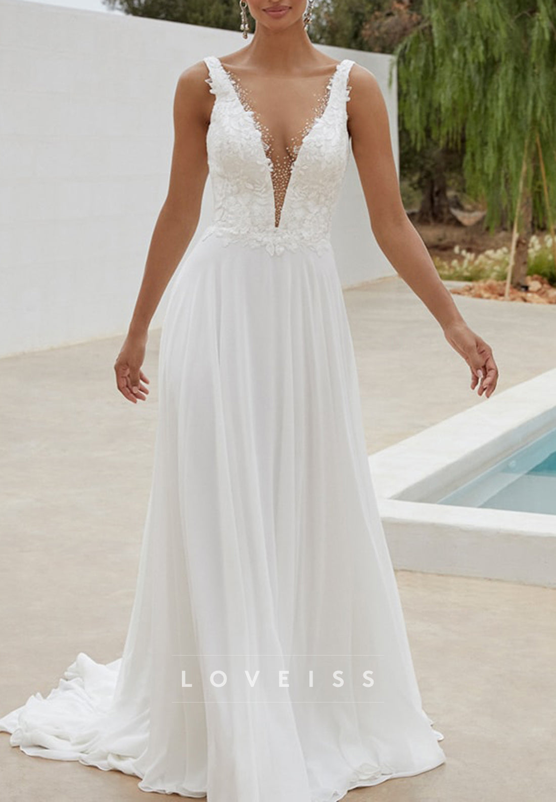 V-Neck Straps Appliques Pleated Chiffon A-Line Wedding Dress