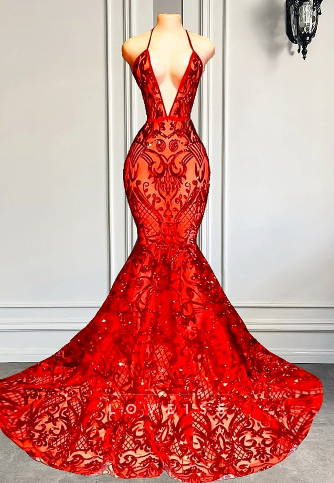 V-Neck Straps Appliques Pleated Mermaid Prom Dress