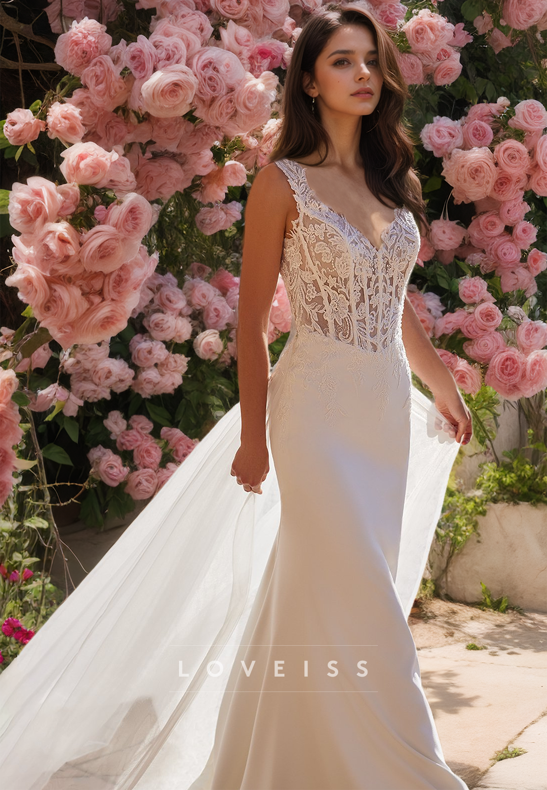 V-Neck Straps Appliques Sleek Mermaid Beach Wedding Dress