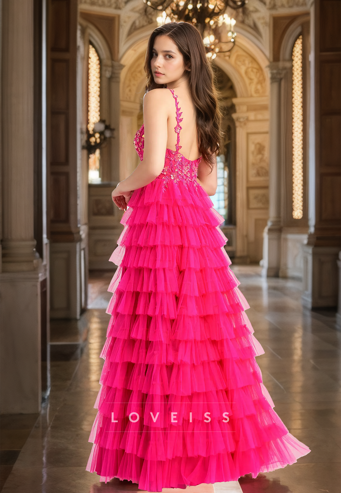 V-Neck Straps Appliques Tiered Side Slit Tulle Ball Gown Prom Dress