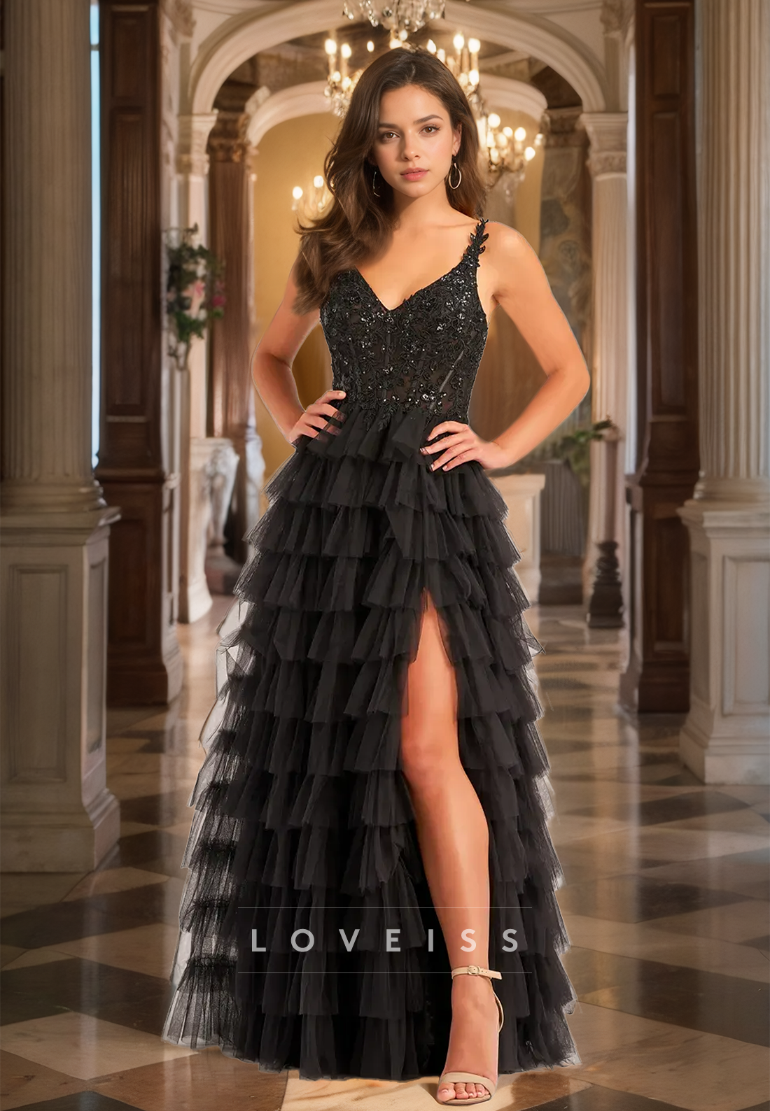 V-Neck Straps Appliques Tiered Side Slit Tulle Ball Gown Prom Dress