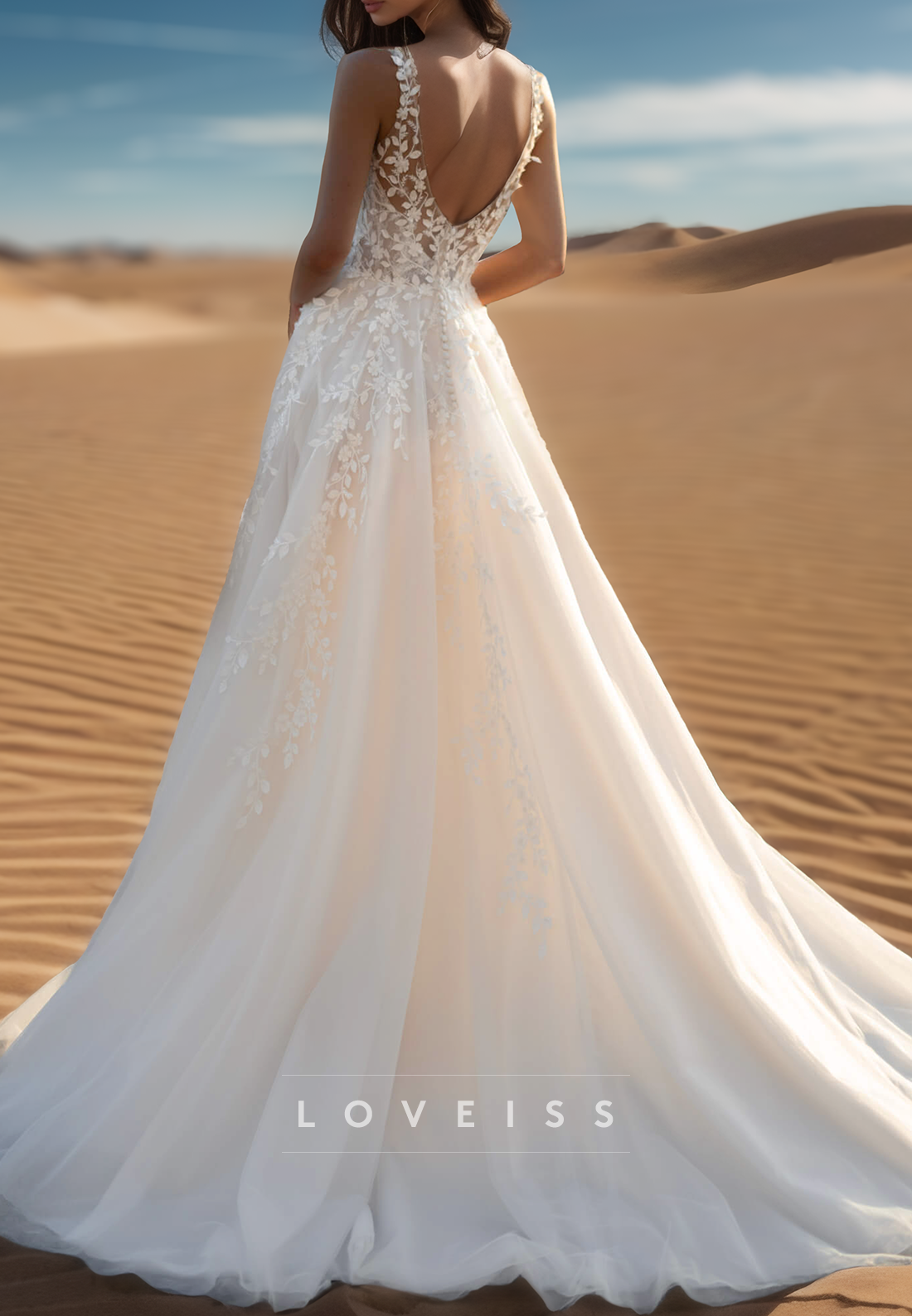 V-Neck Straps Appliques Tulle A-Line Beach Wedding Dress