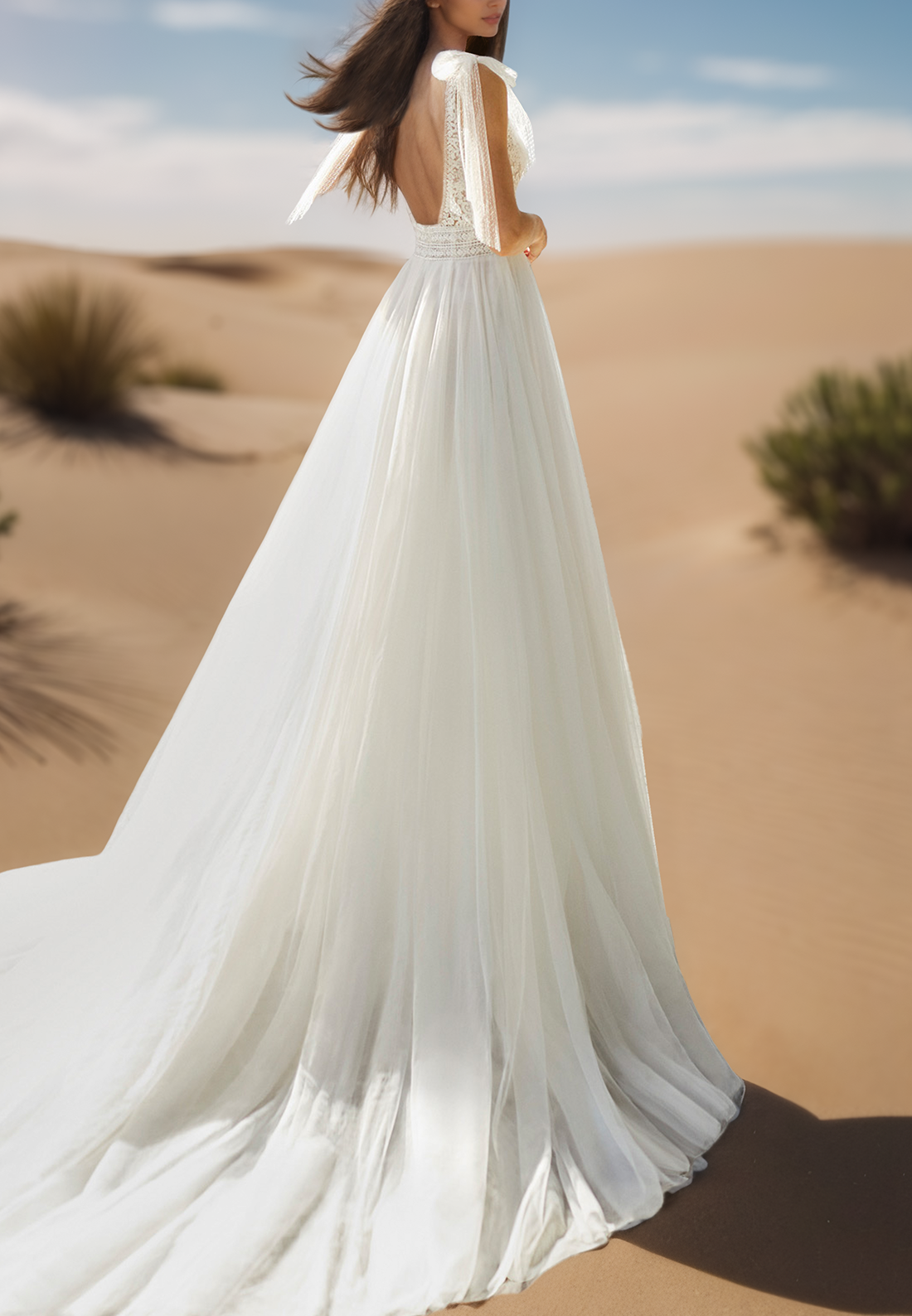 V-Neck Straps Appliques Tulle A-Line Boho Wedding Dress