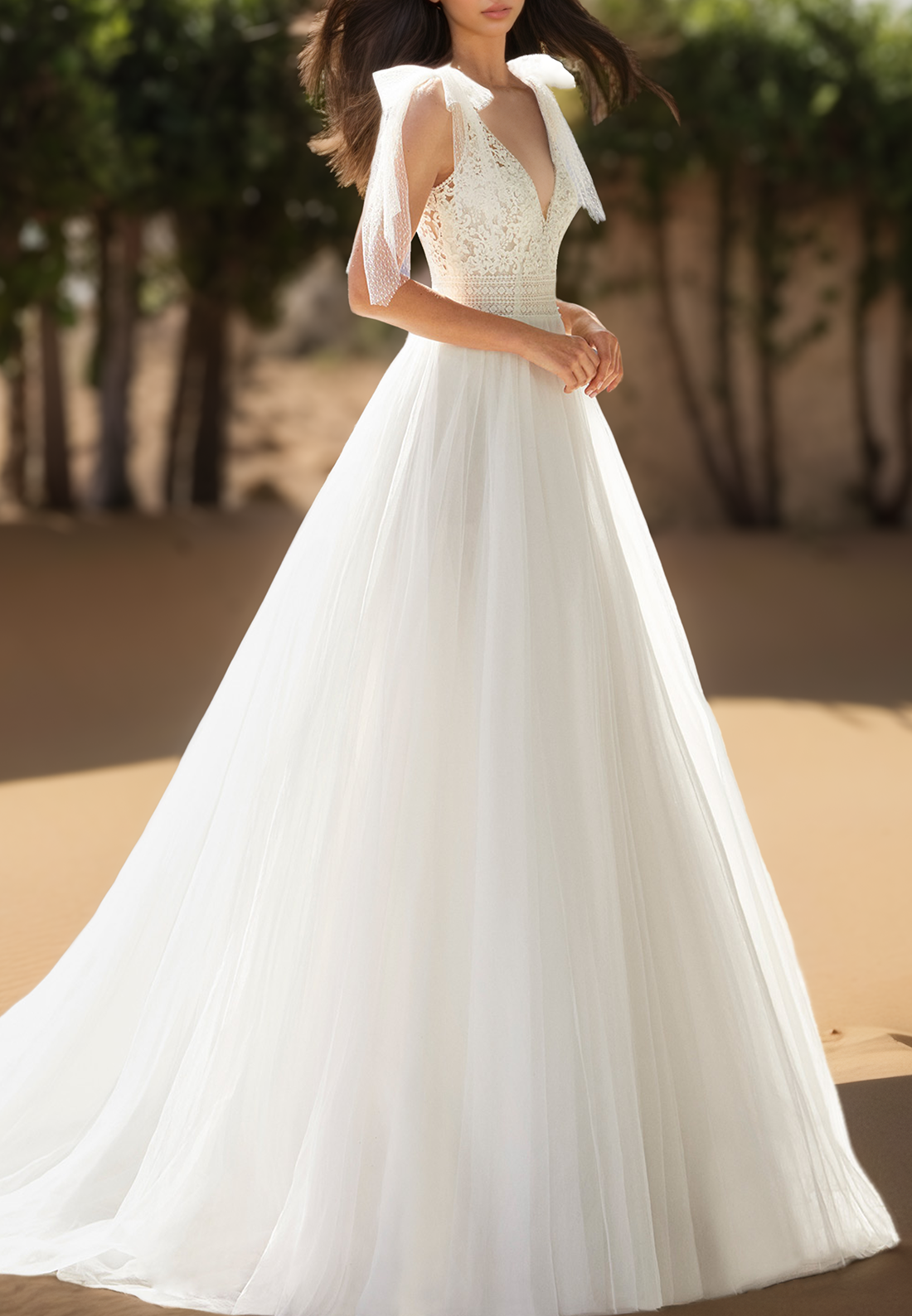 V-Neck Straps Appliques Tulle A-Line Boho Wedding Dress