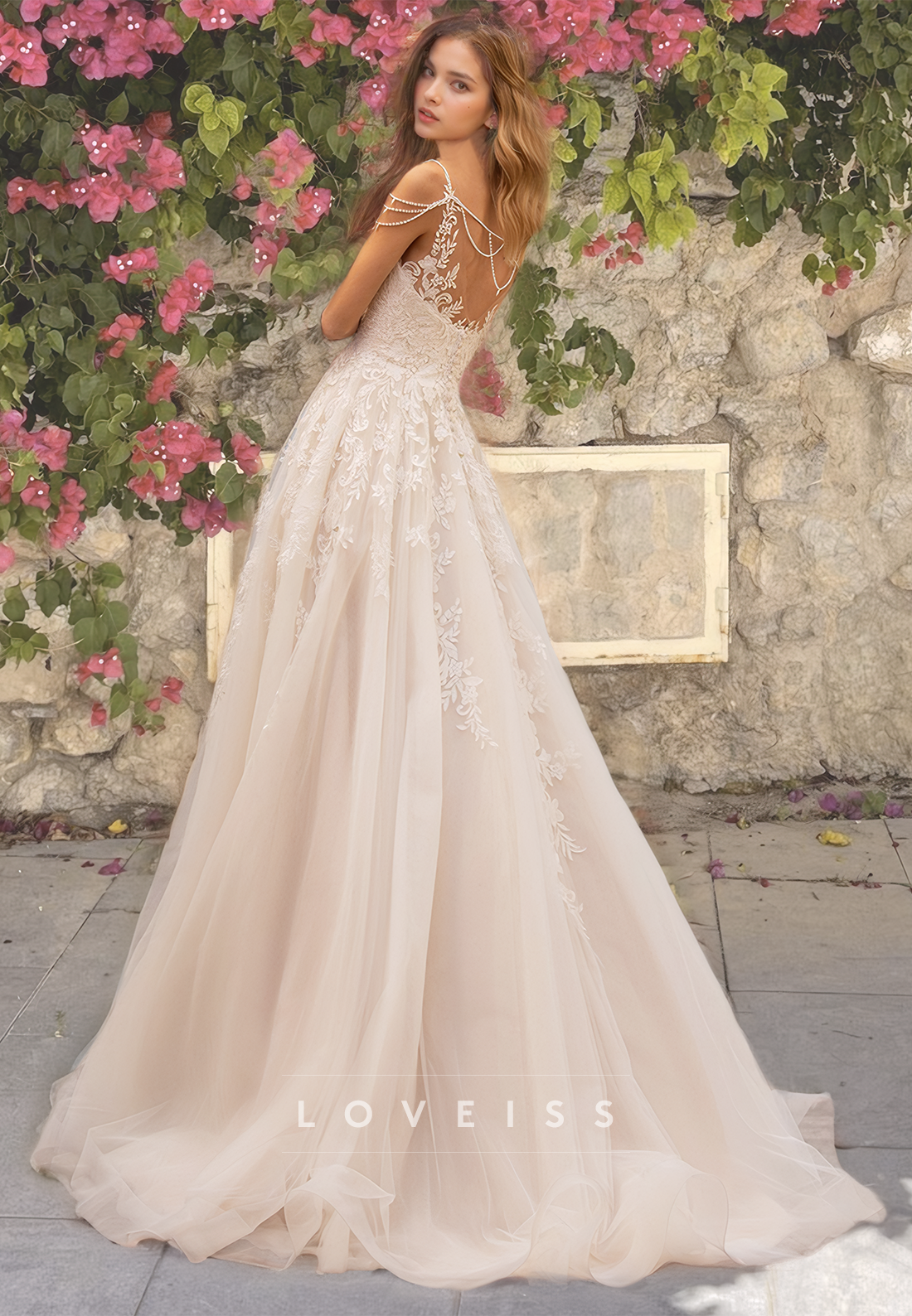 V-Neck Straps Appliques Tulle Ball Gown Wedding Dress