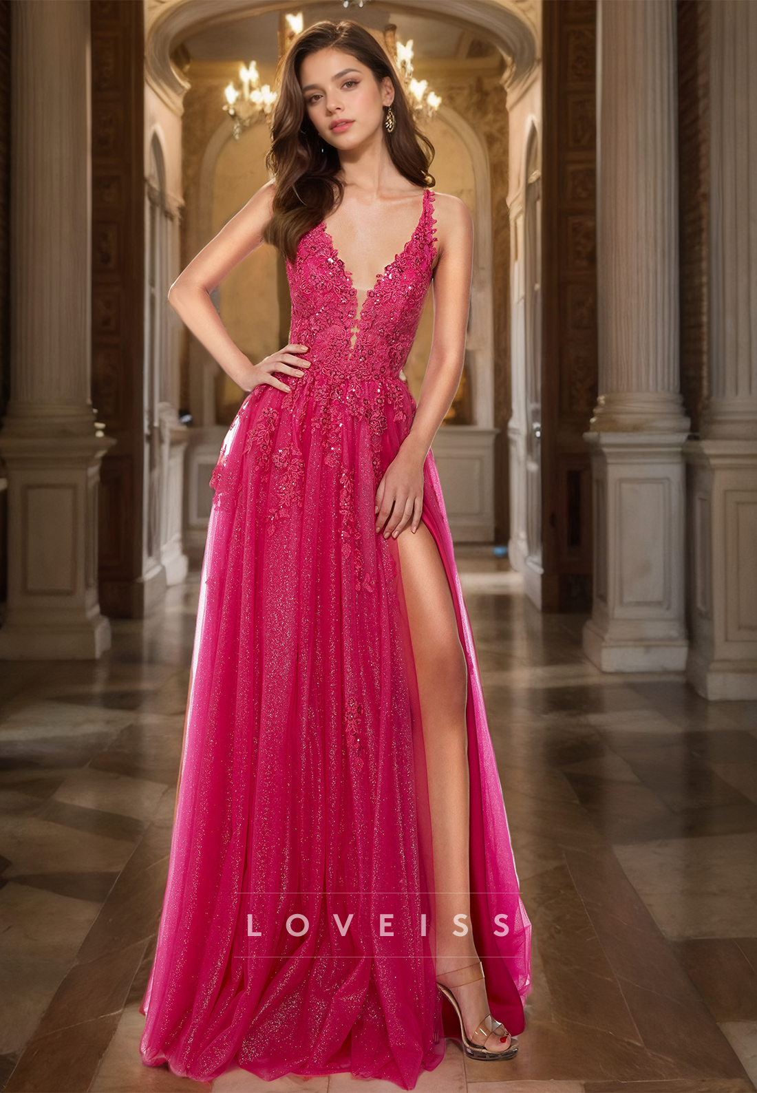 V-Neck Straps Appliques Tulle Pretty A-Line Prom Dress