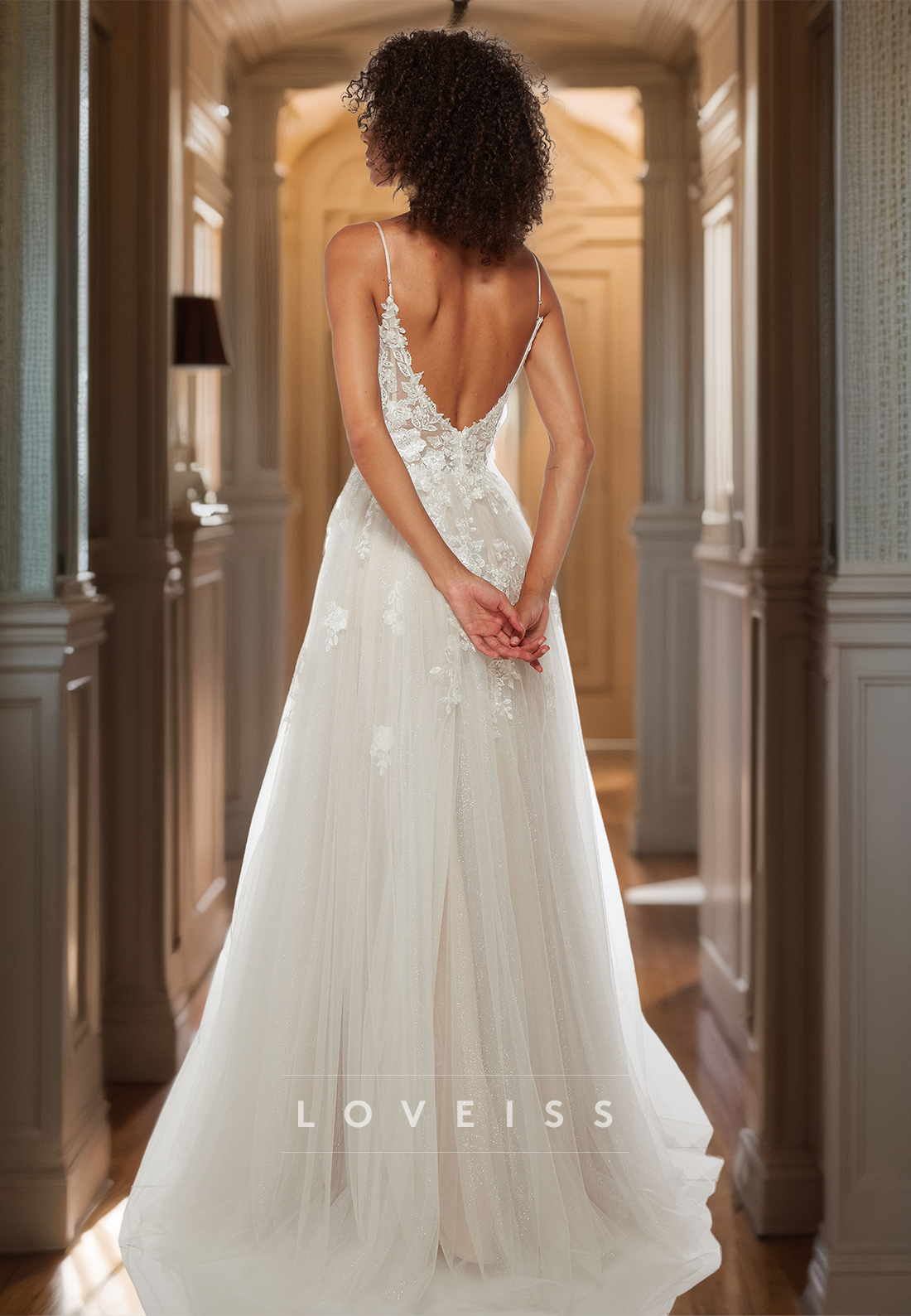 V-Neck Straps Appliques Tulle Pretty A-Line Prom Dress