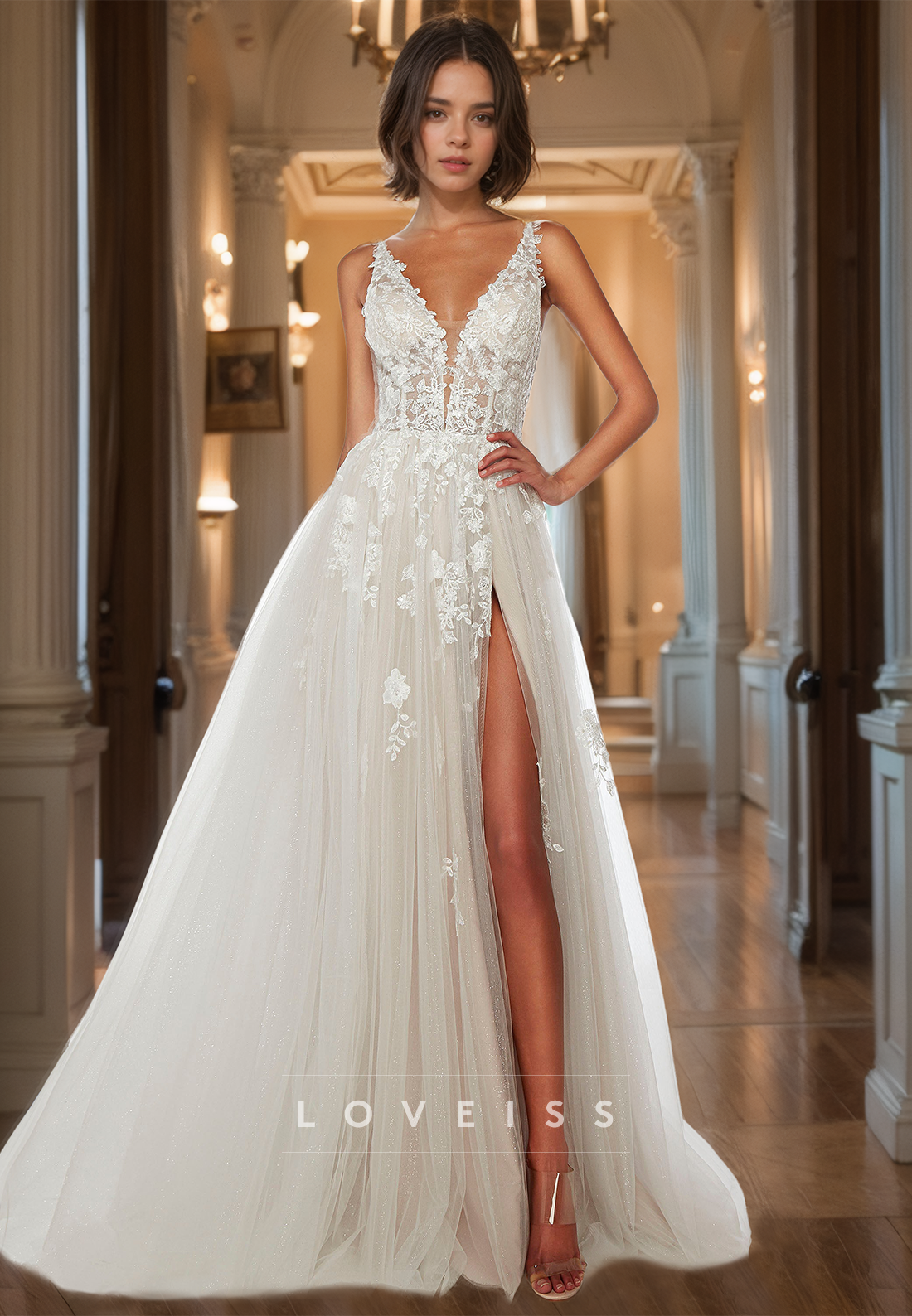 V-Neck Straps Appliques Tulle Pretty A-Line Prom Dress