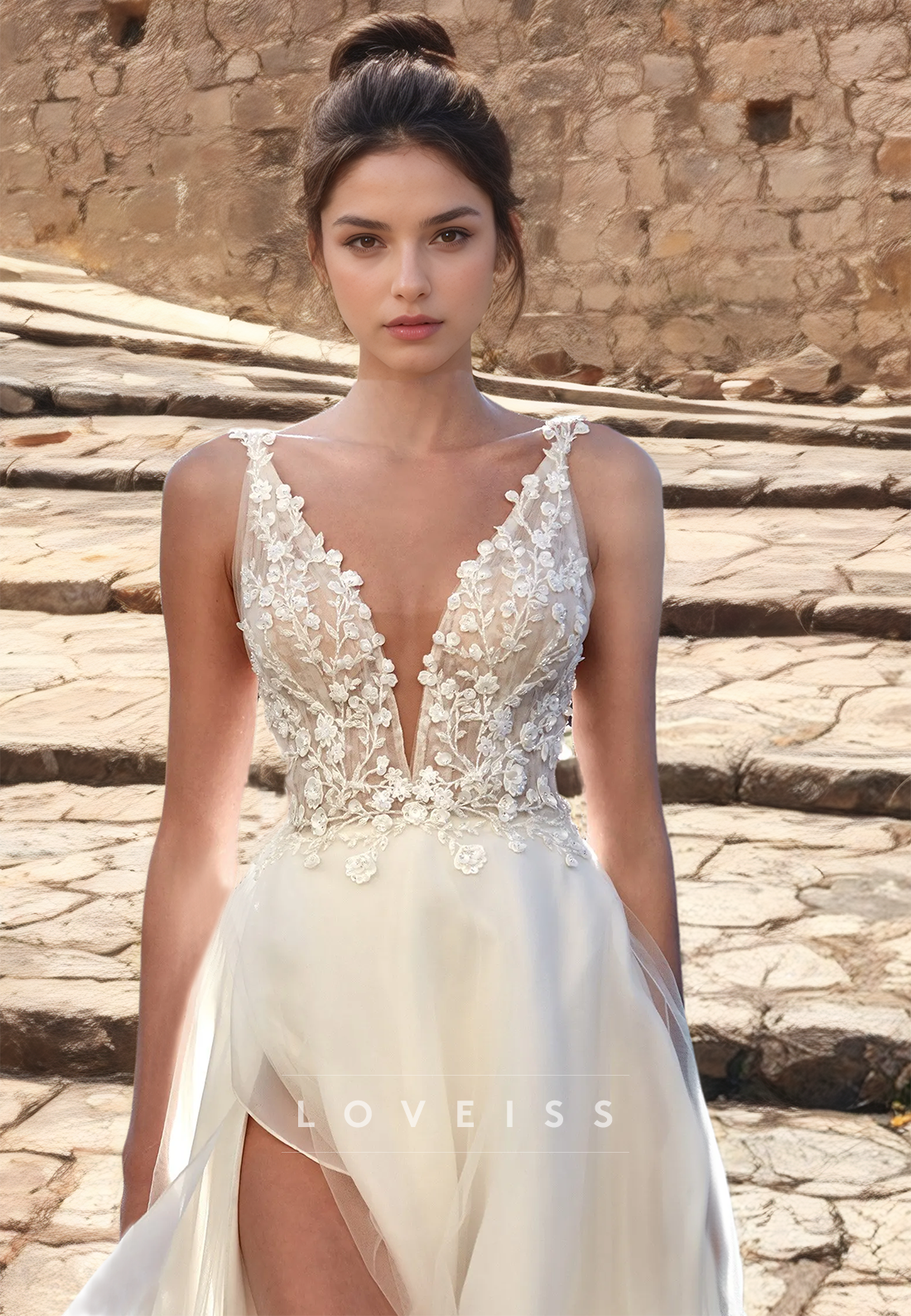 V-Neck Straps Appliques Tulle Side Slit A-Line Beach Wedding Dress