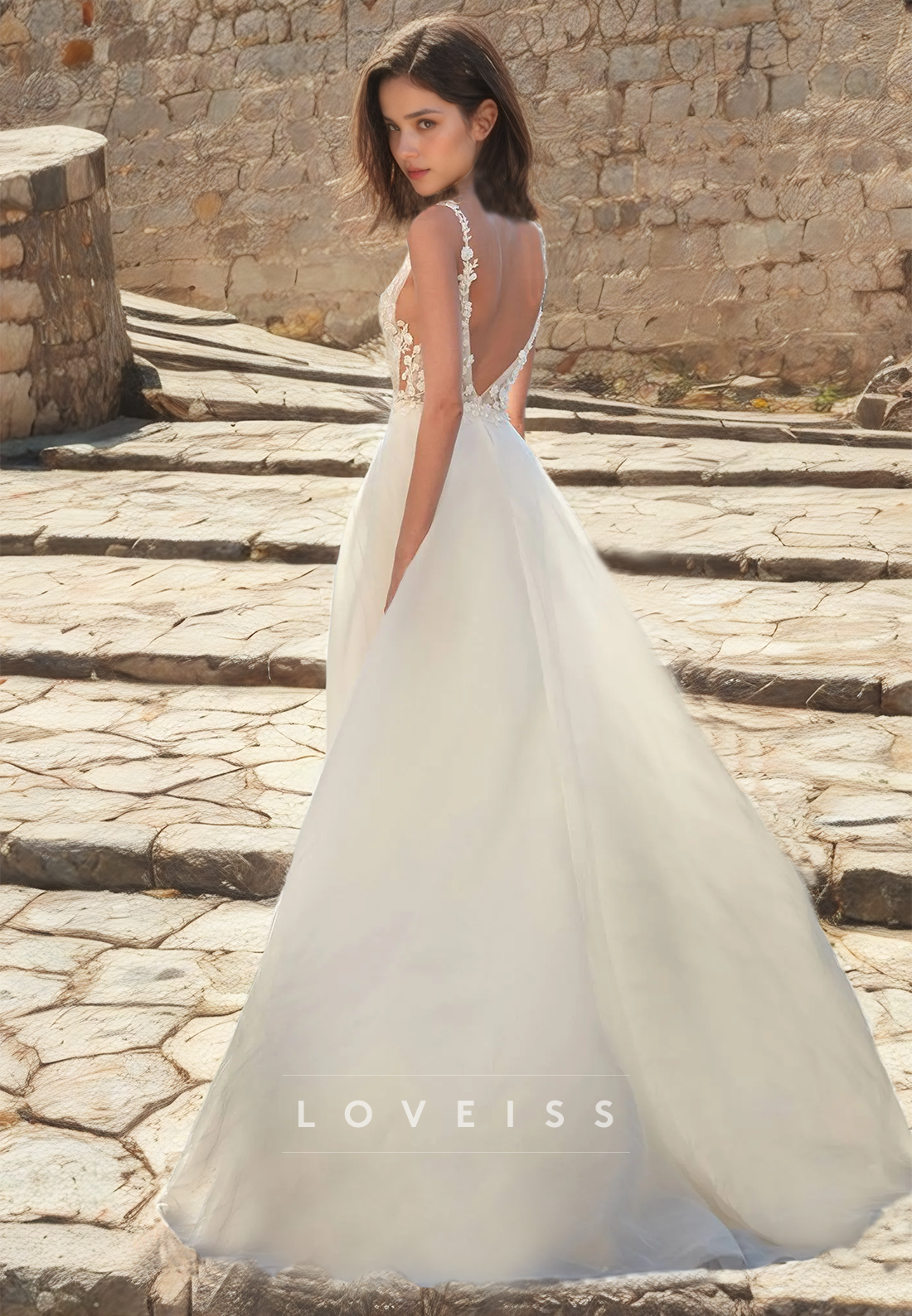 V-Neck Straps Appliques Tulle Side Slit A-Line Beach Wedding Dress