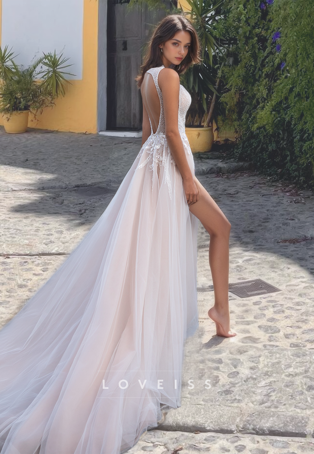 V-Neck Straps Appliques Tulle Side Slit A-Line Wedding Dress