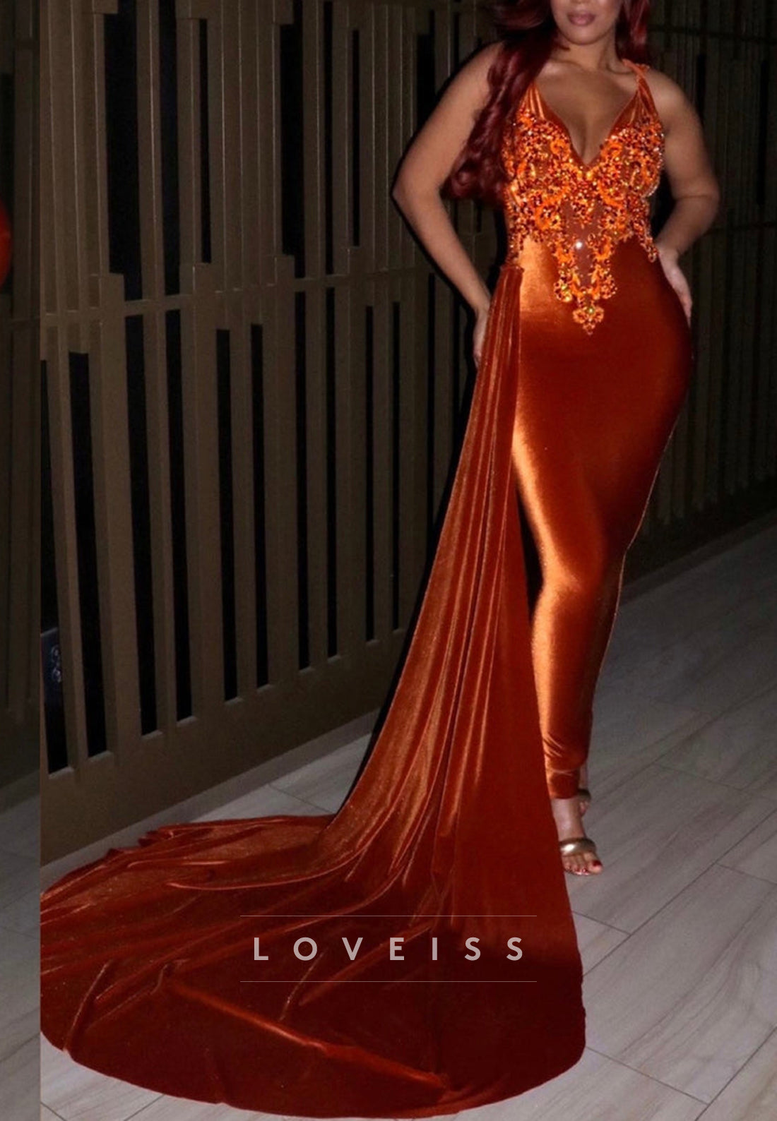 V-Neck Straps Appliques Velvet Mermaid Prom Dress