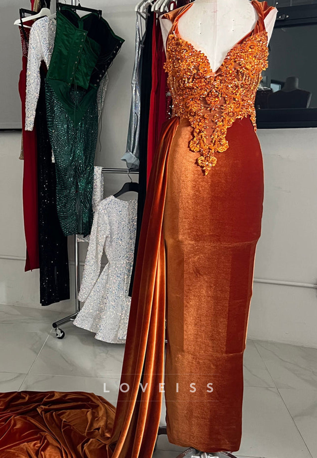 V-Neck Straps Appliques Velvet Mermaid Prom Dress