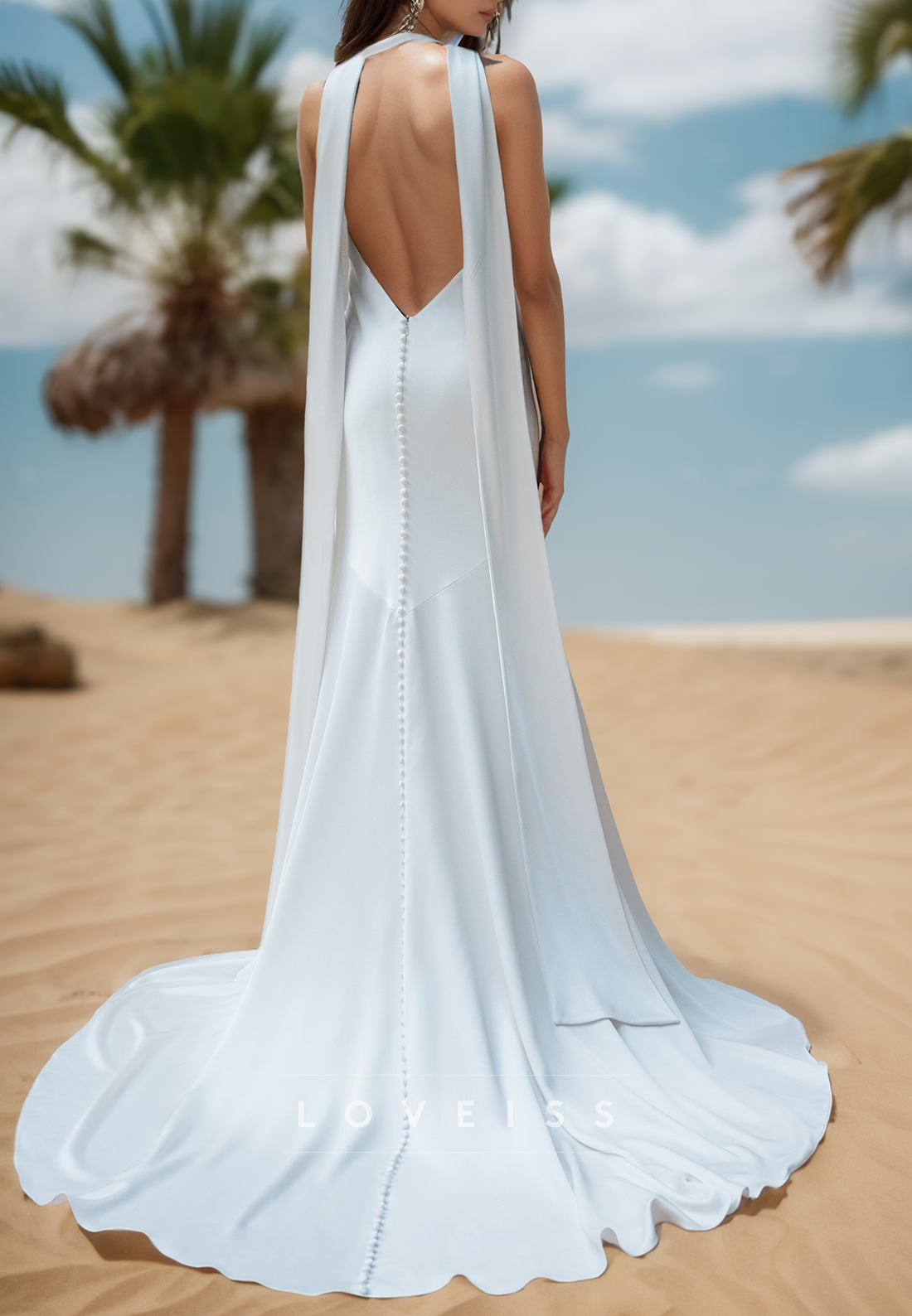 V-Neck Straps Backless Sleek Mermaid Beach Wedding Dress