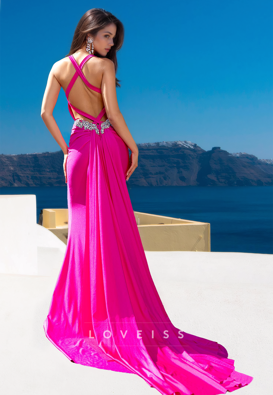V-Neck Straps Beaded Backless Sleek Mermaid Fuchsia Prom Dress