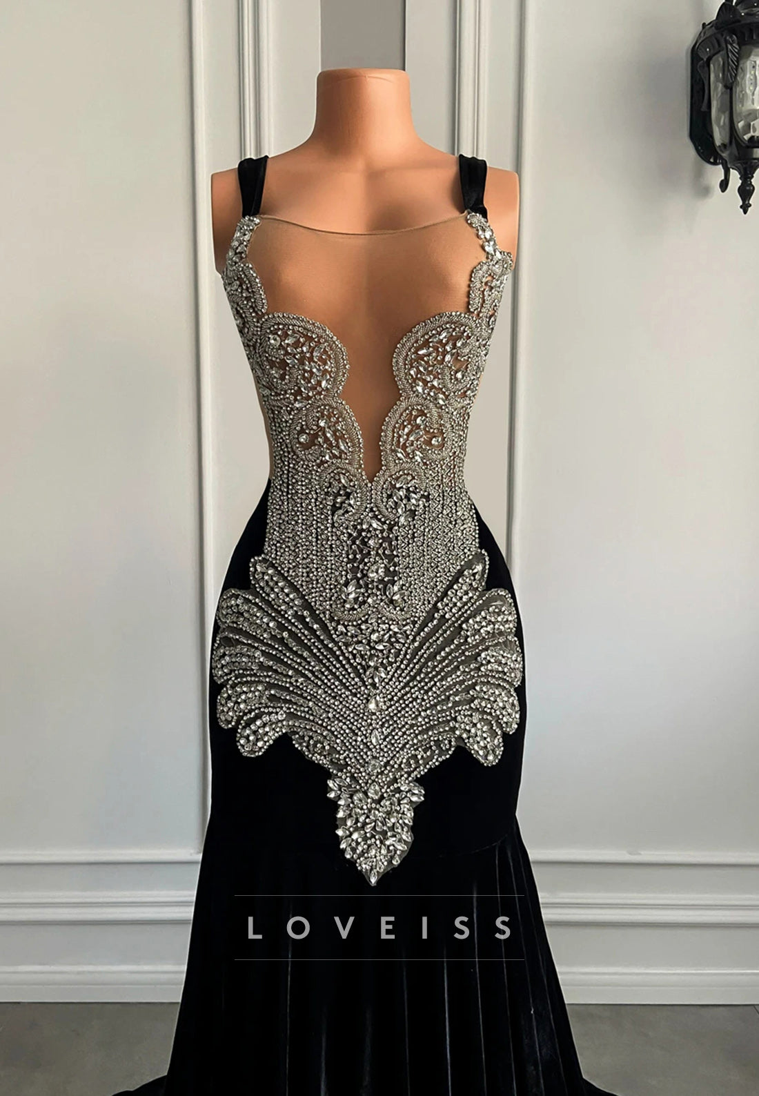 V-Neck Straps Beaded Pleated Mermaid Prom Dress for Black Girls