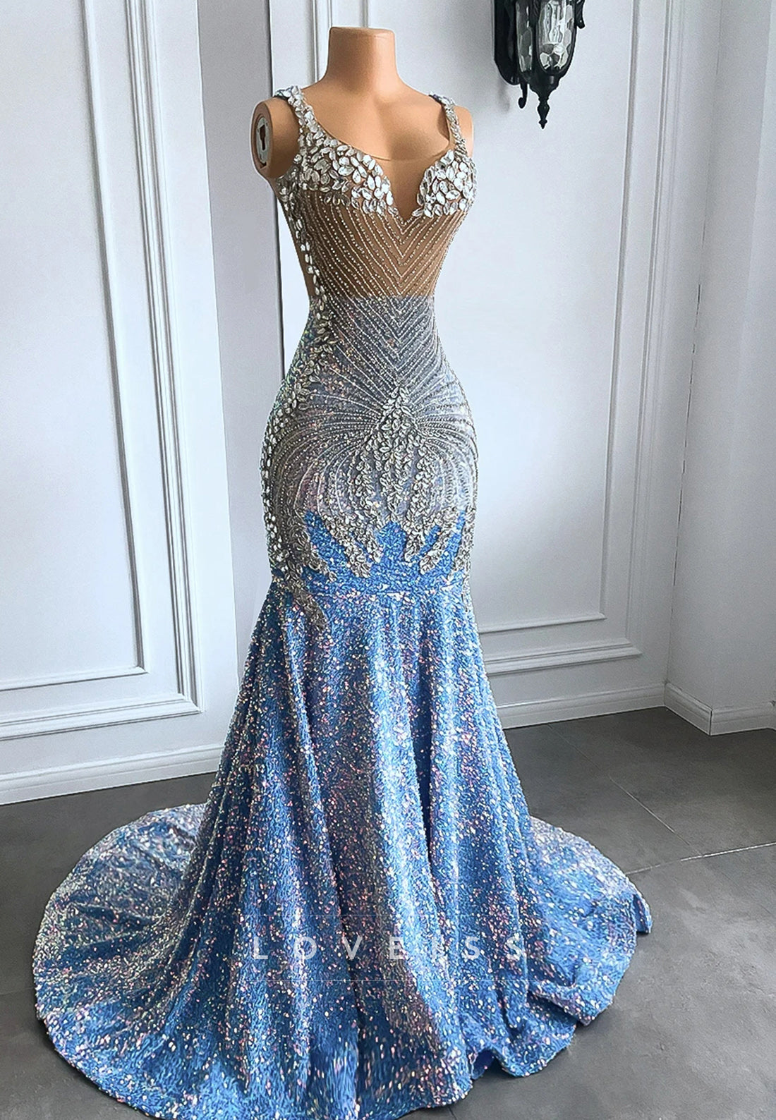 V-Neck Straps Beaded Sequins Pleated Mermaid Prom Dress for Black Girls