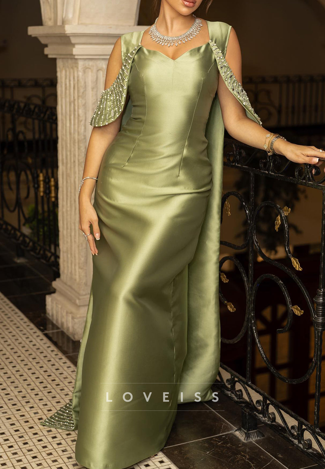 V-Neck Straps Beaded Sleek Satin Sheath Evening Dress