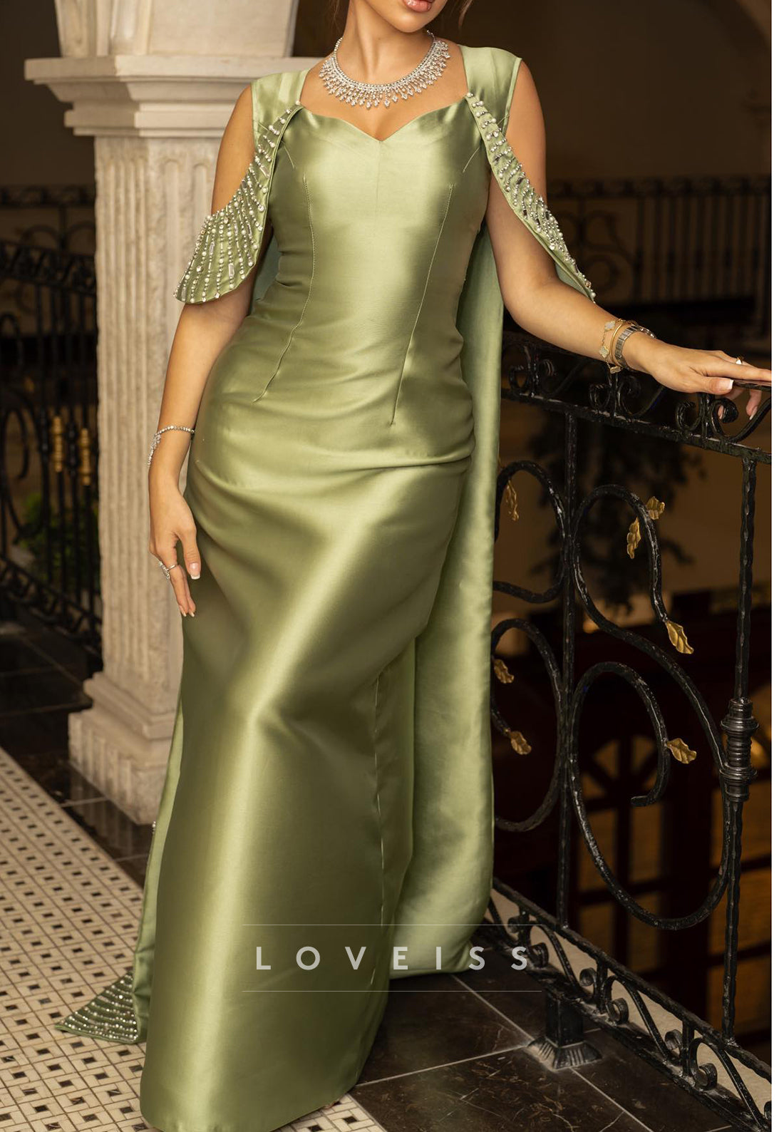 V-Neck Straps Beaded Sleek Satin Sheath Evening Dress