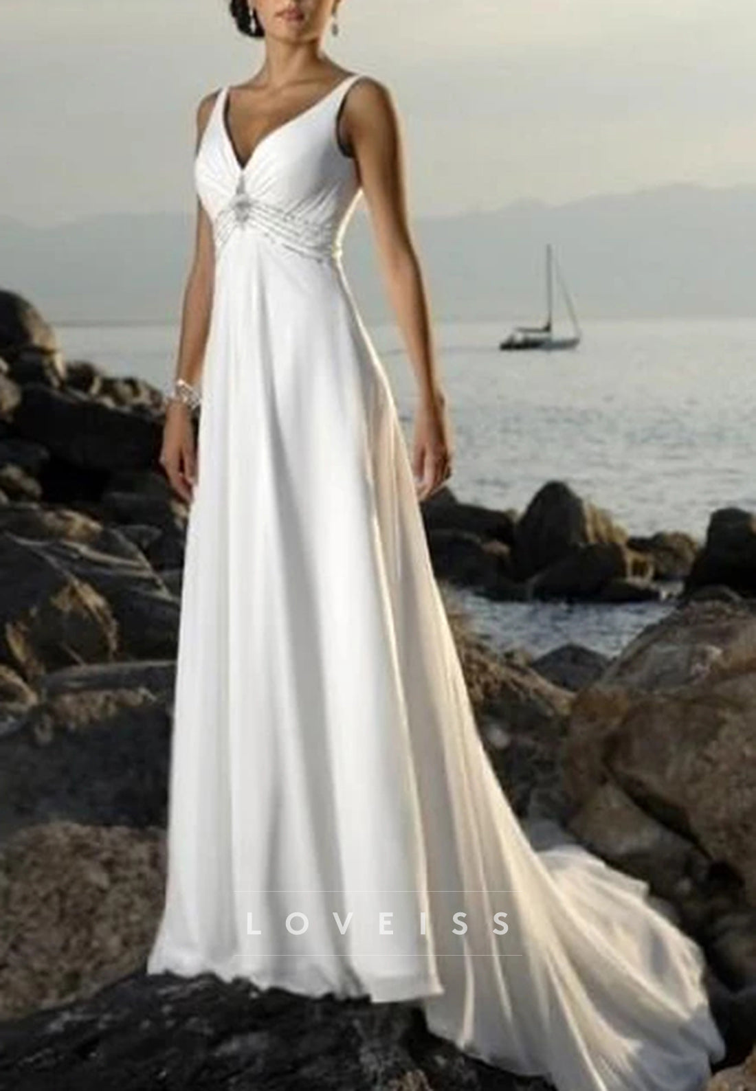 V-Neck Straps Empire Waist A-Line Beach Wedding Dress