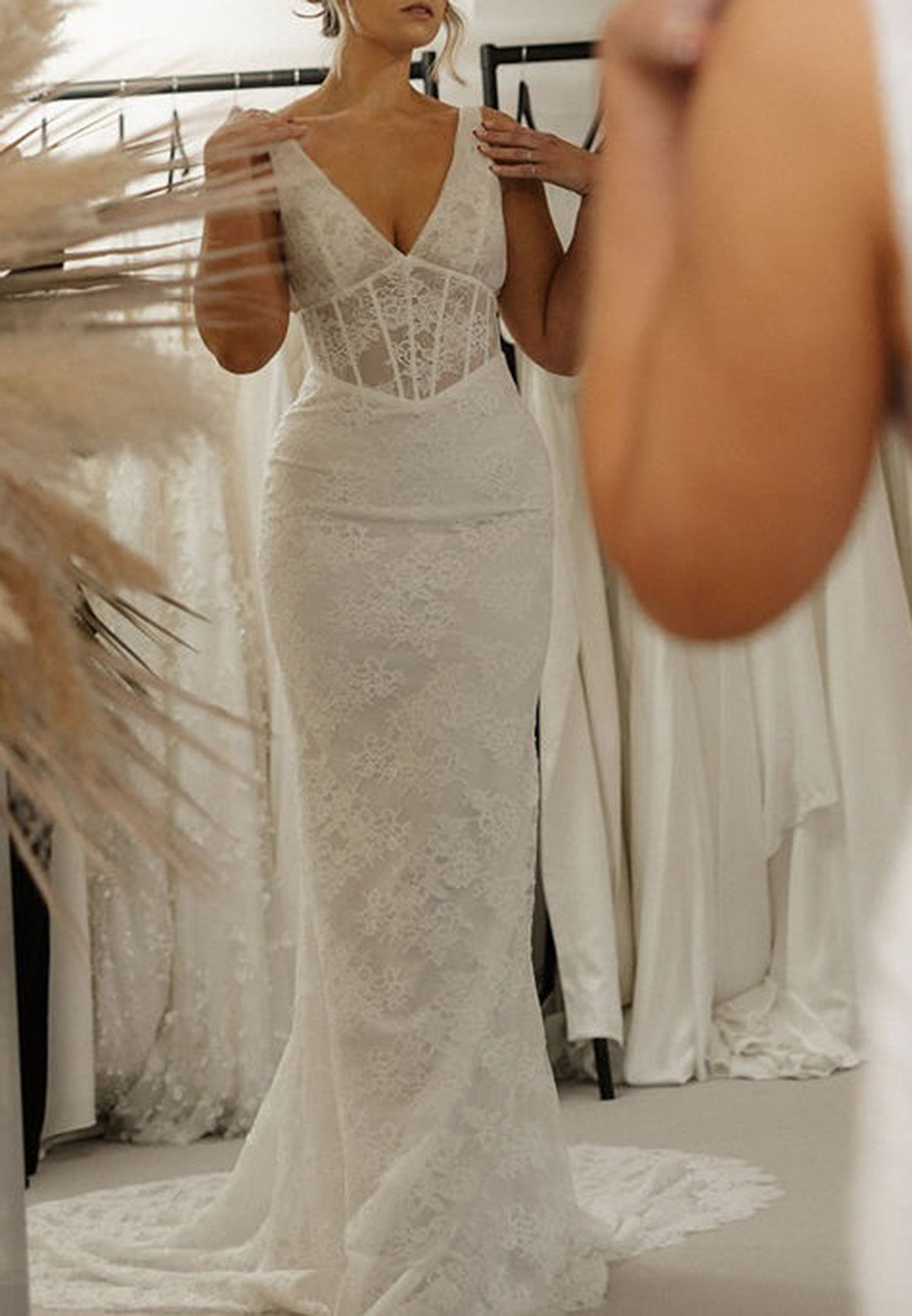 V-Neck Straps Empire Waist Appliques Mermaid Wedding Dress