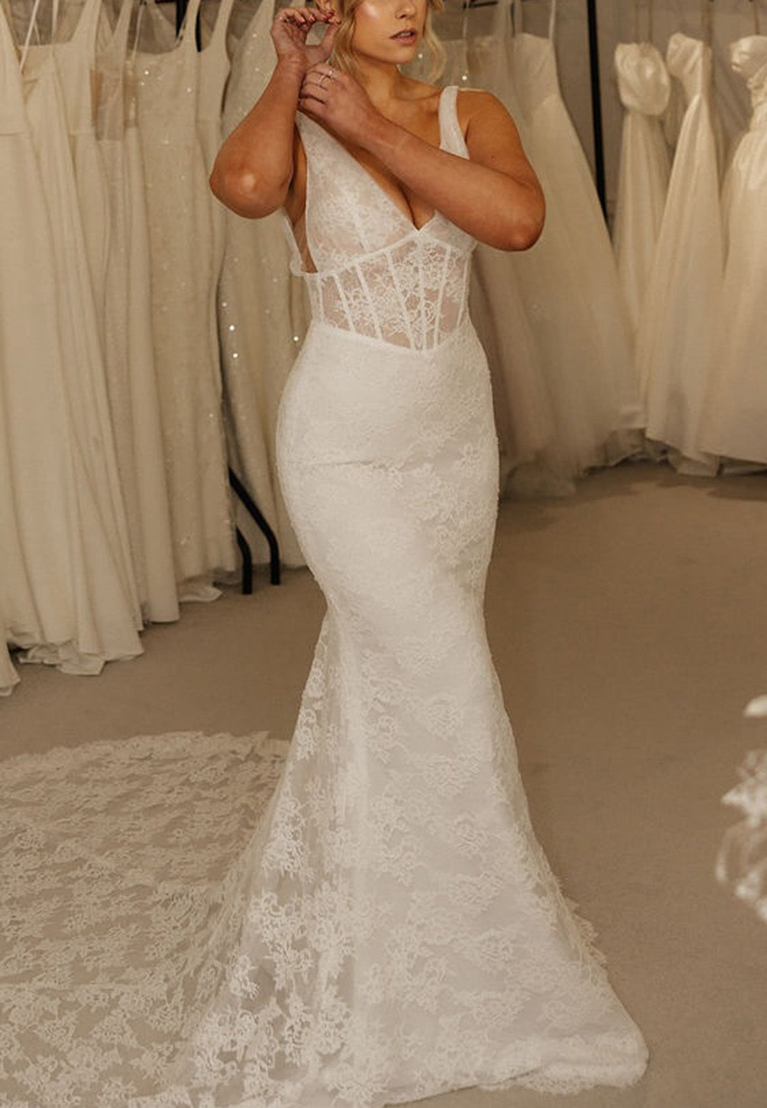 V-Neck Straps Empire Waist Appliques Mermaid Wedding Dress