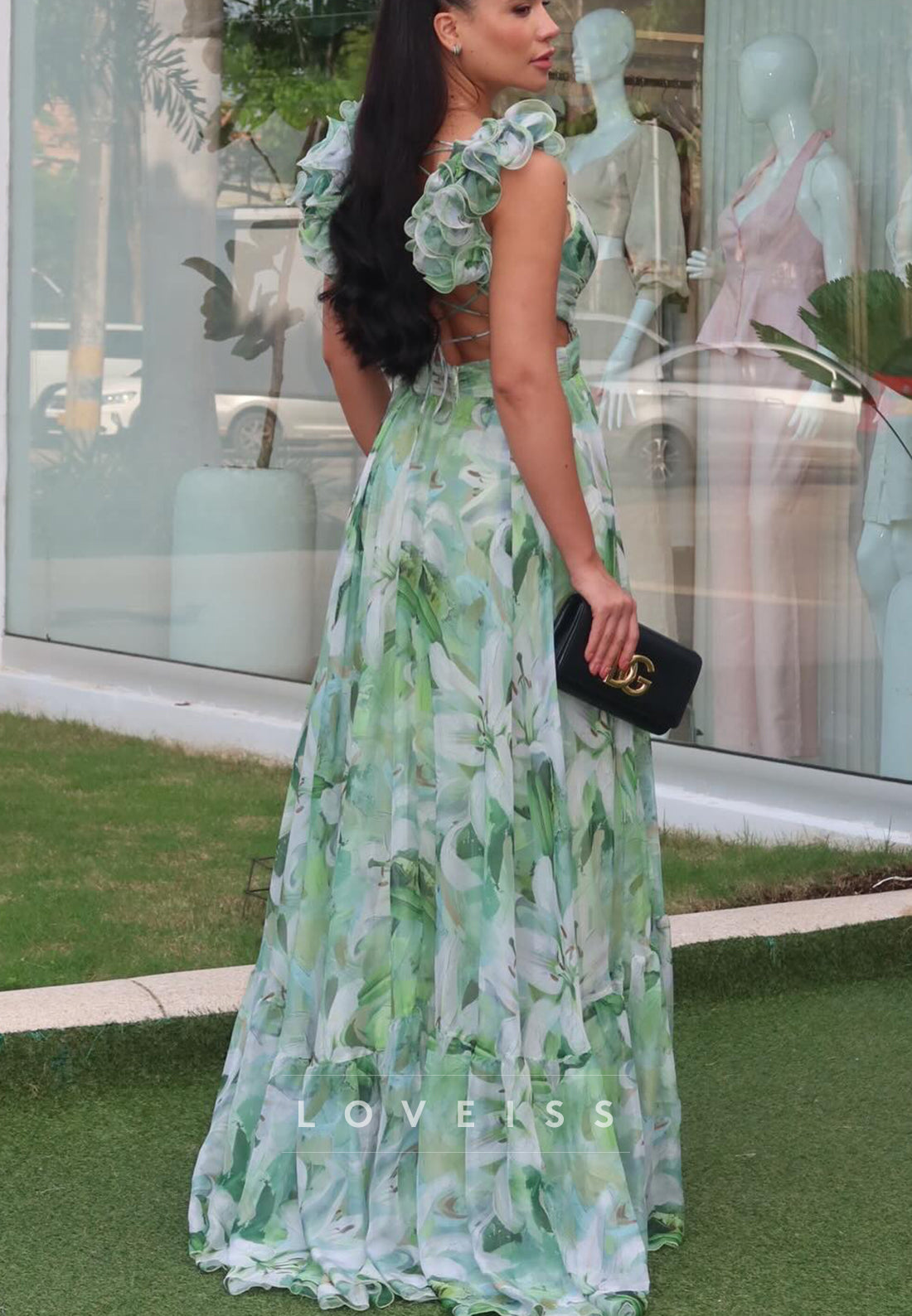 V-Neck Straps Floral Printed A-Line Wedding Guest Dress