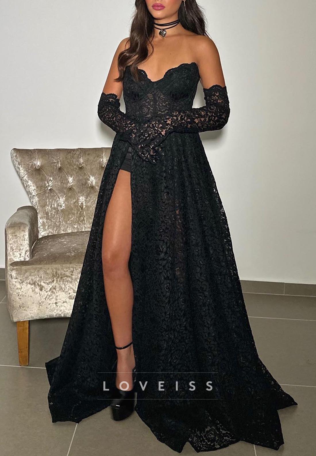 V-Neck Strapless Lace Appliques A-Line Prom Dress