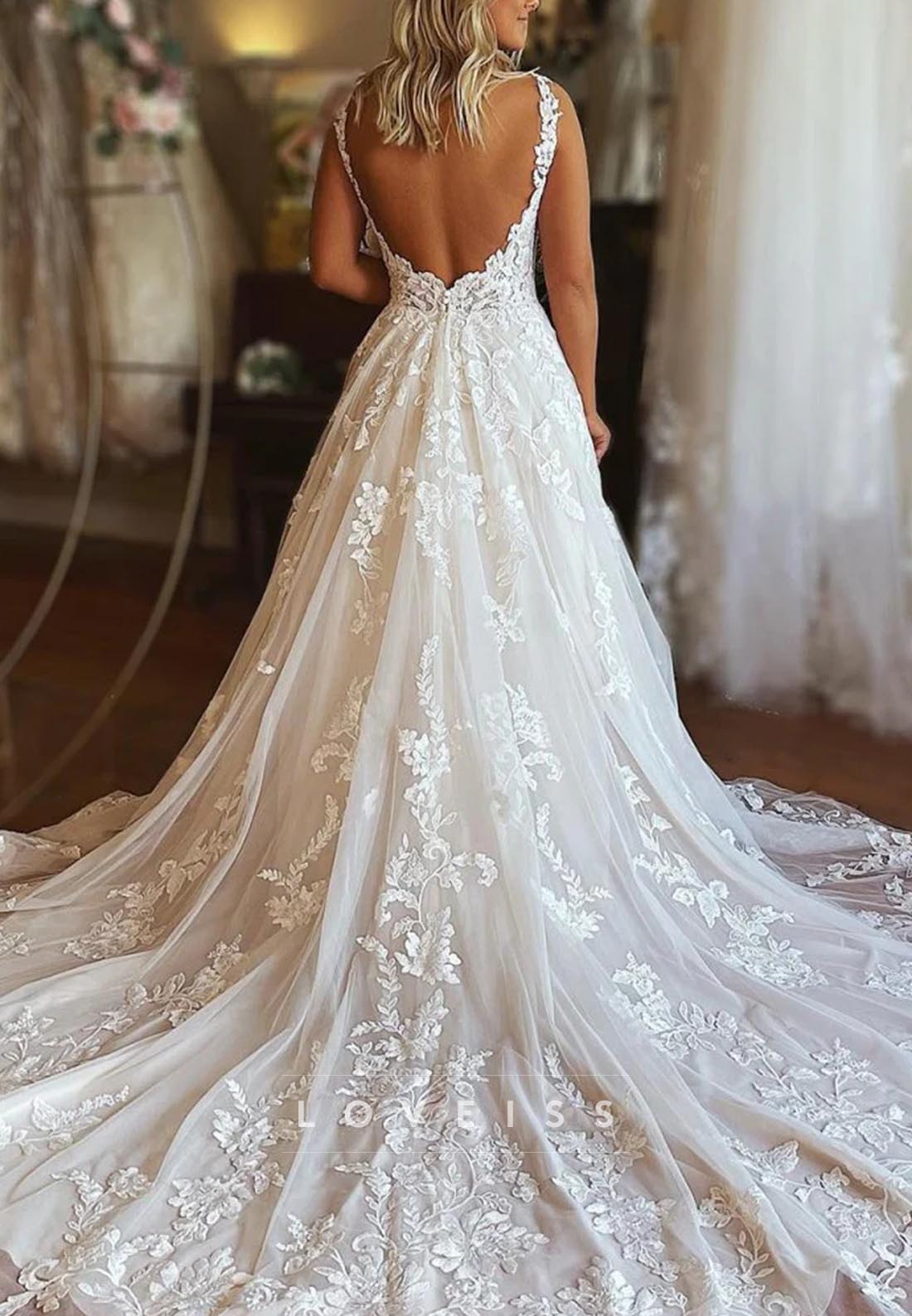 V-Neck Straps Lace Appliques A-Line Wedding Dress