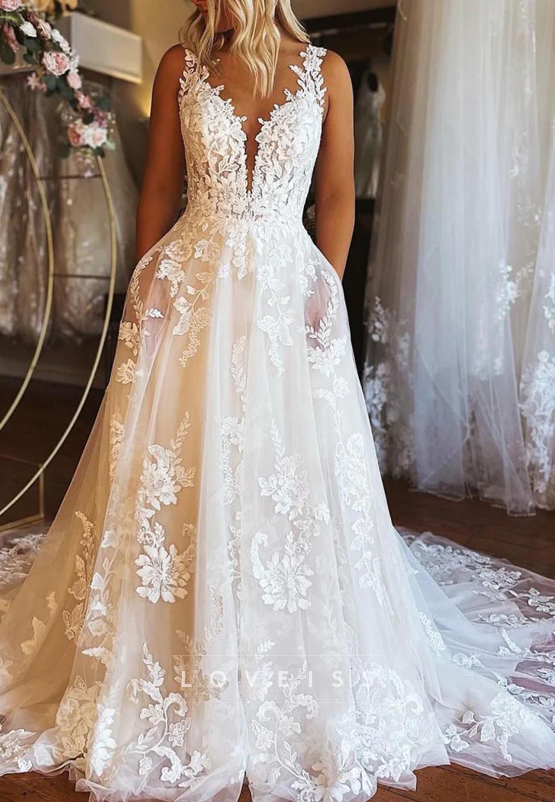 V-Neck Straps Lace Appliques A-Line Wedding Dress