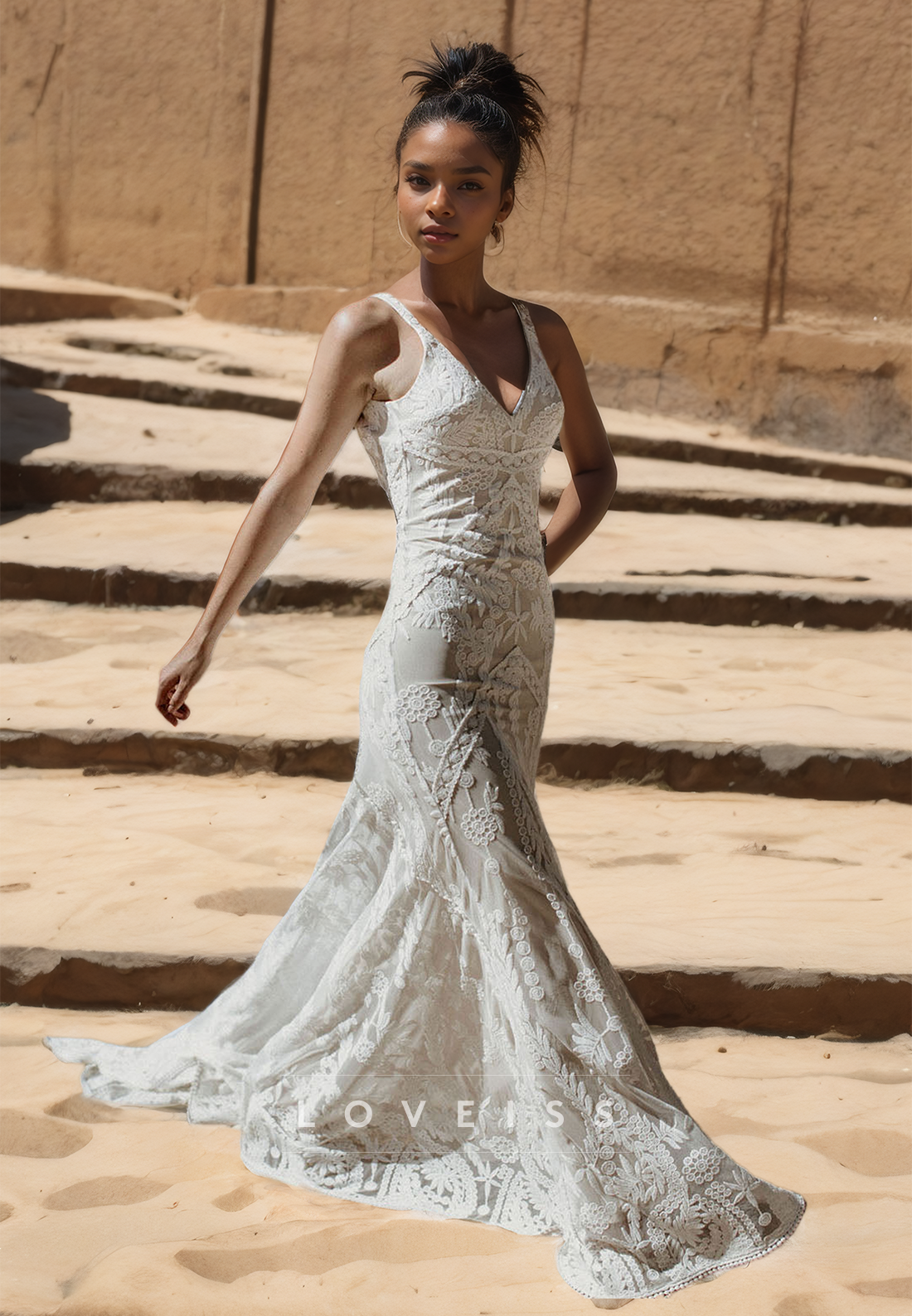 V-Neck Straps Lace Appliques Open Back Sheath Wedding Dress