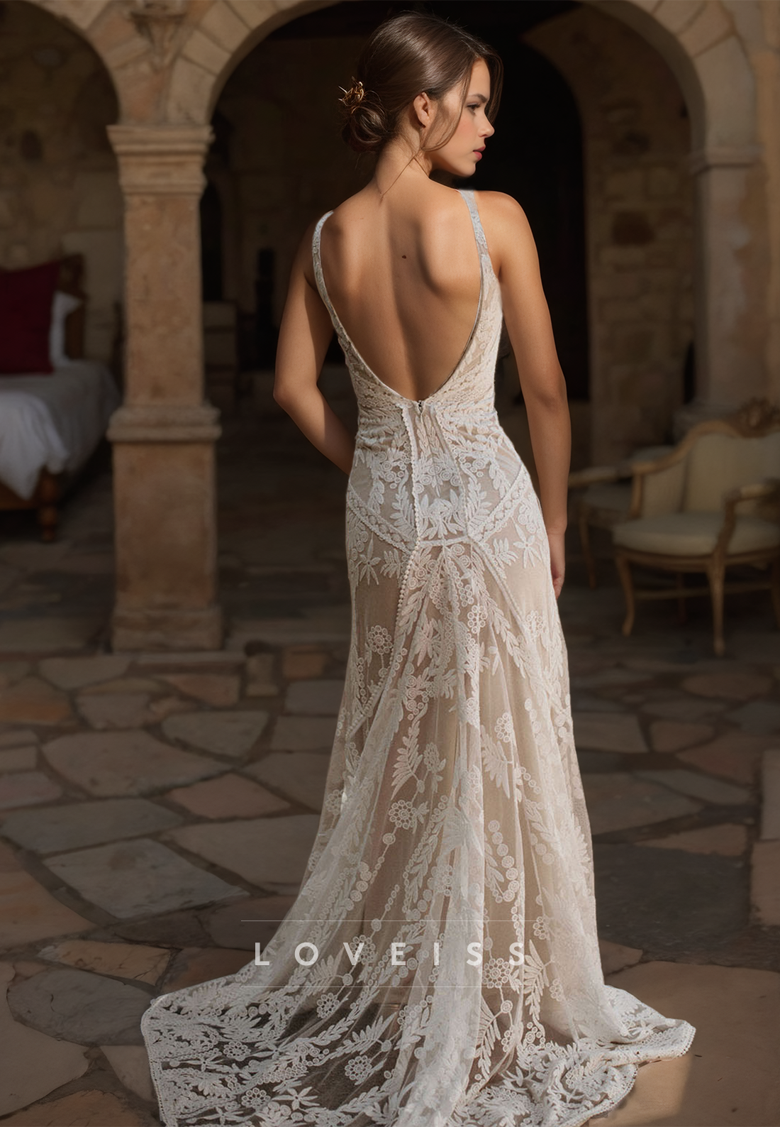V-Neck Straps Lace Appliques Open Back Sheath Wedding Dress