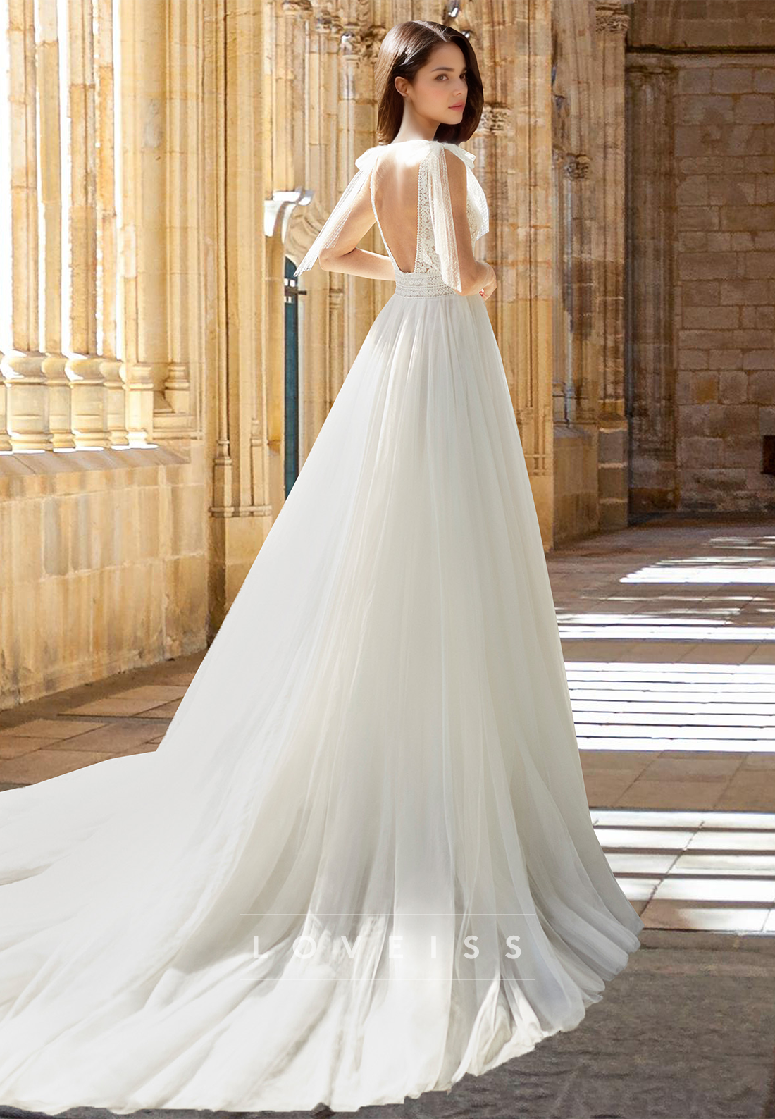 V-Neck Straps Lace Appliques Pleated A-Line Boho Wedding Dress