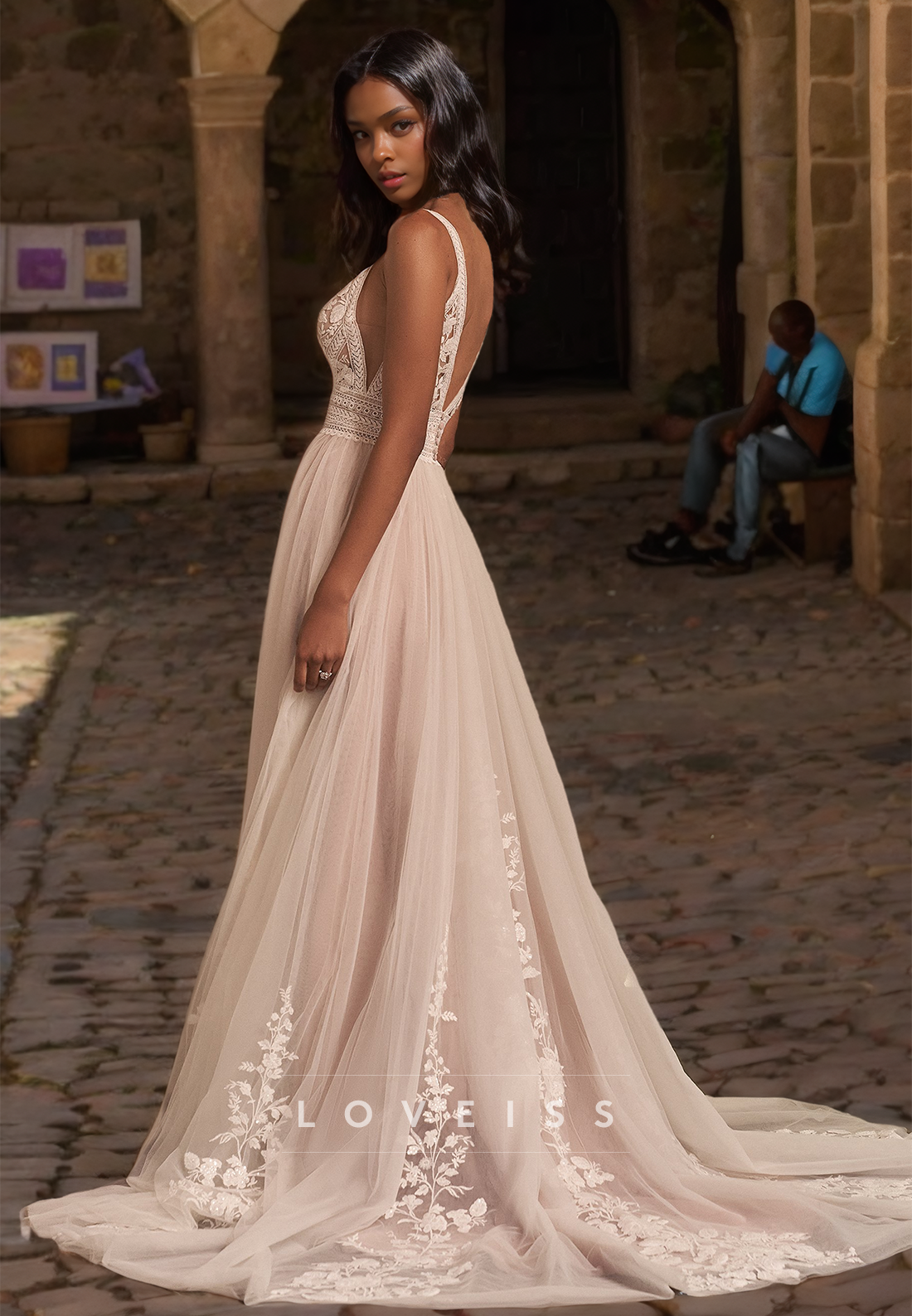 V-Neck Straps Lace Appliques Pleated Tulle A-Line Beach Wedding Dress