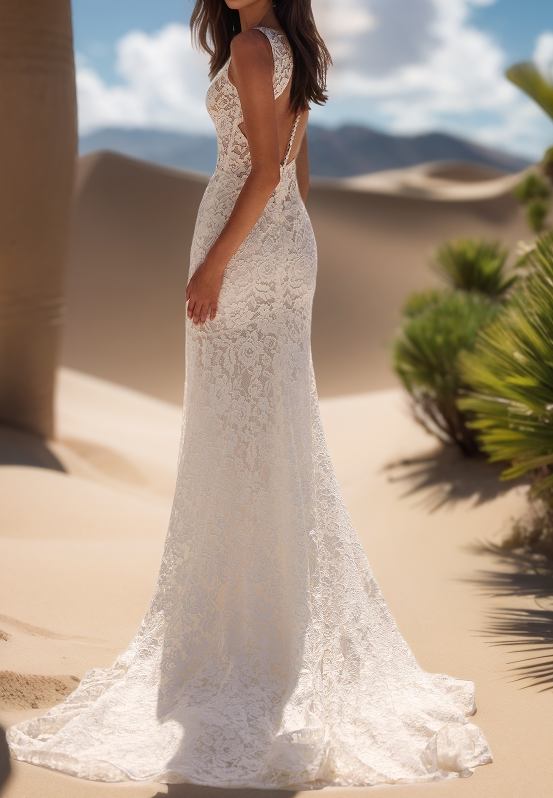 V-Neck Straps Lace Appliques Sheath Beach Wedding Dress