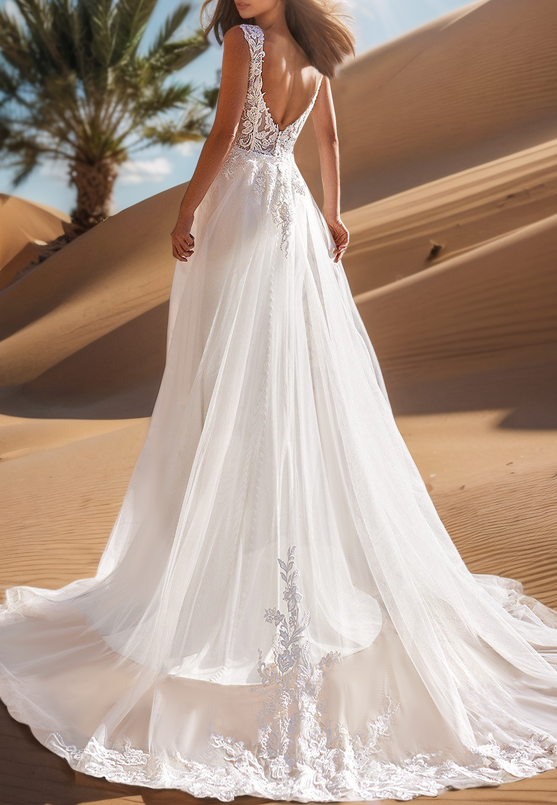 V-Neck Straps Lace Appliques Sleek Mermaid Wedding Dress