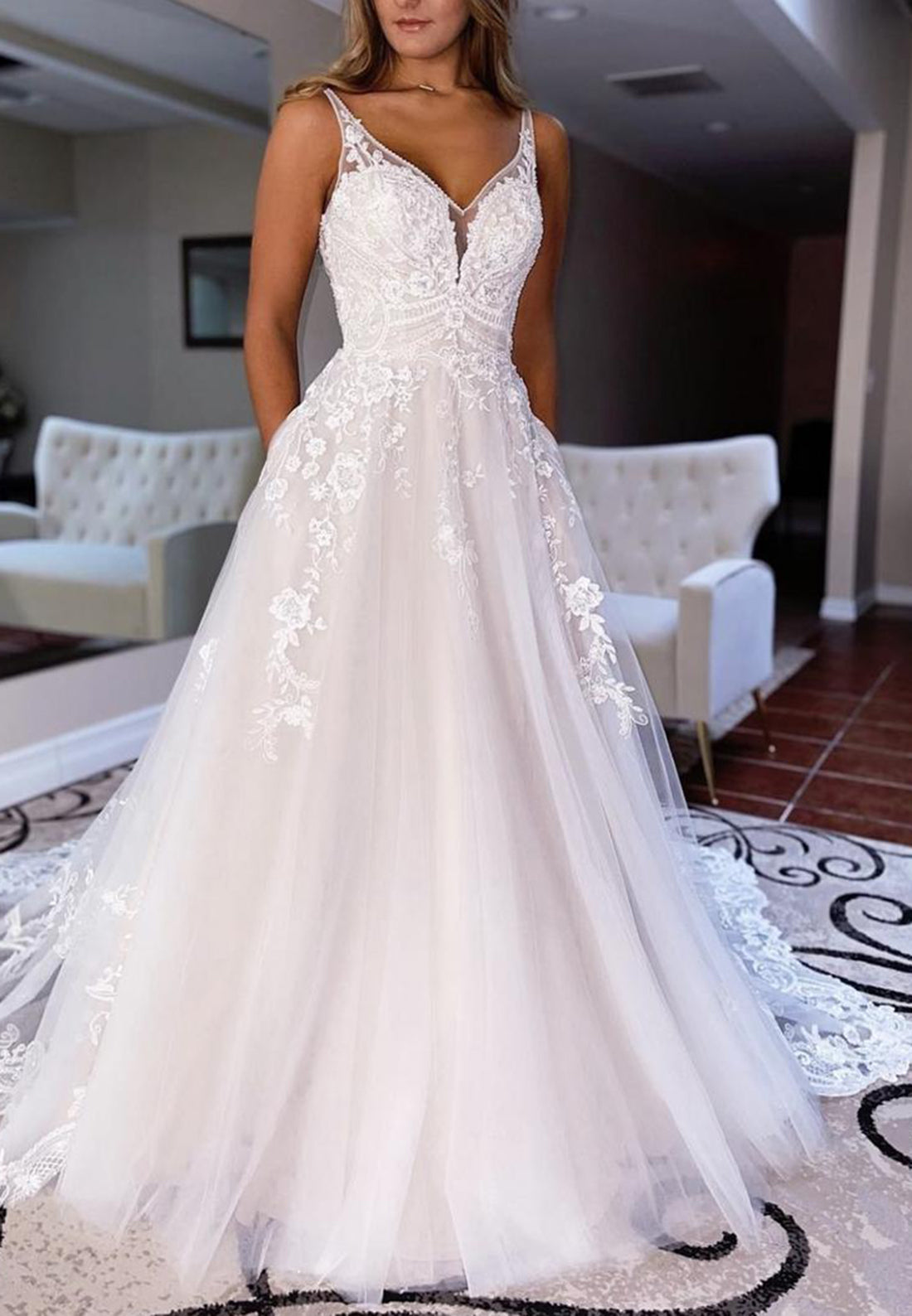 V-Neck Straps Lace Appliques Tulle Ball Gown Wedding Dress