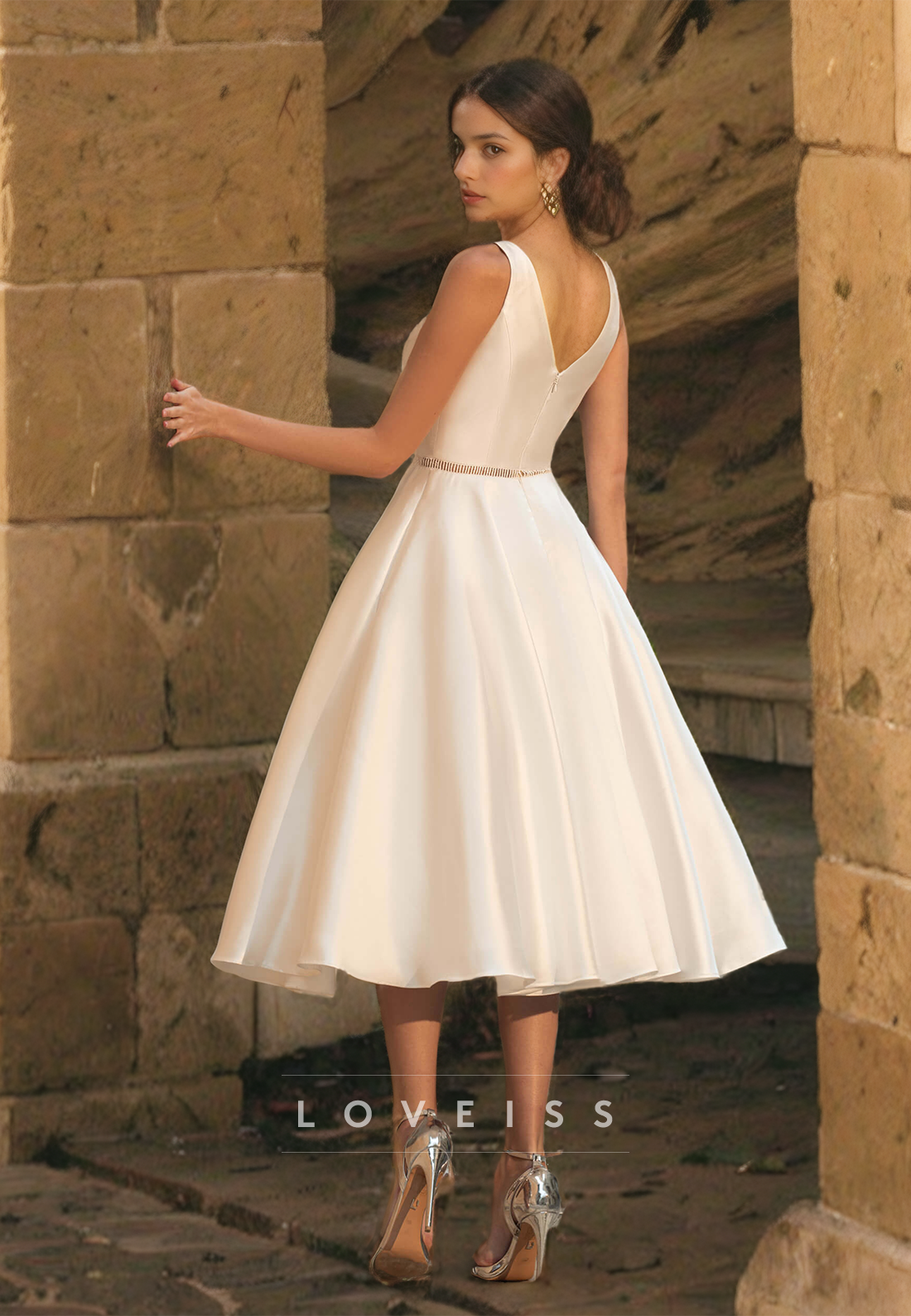 V-Neck Straps Pleated Satin A-Line Sleek Knee-Length Wedding Dress
