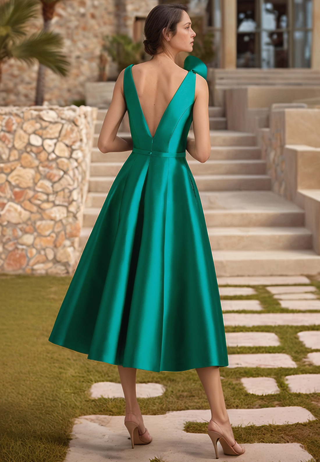 V-Neck Straps Ruffled Appliques Satin A-Line Mother of Bride Dress Cocktail Dress