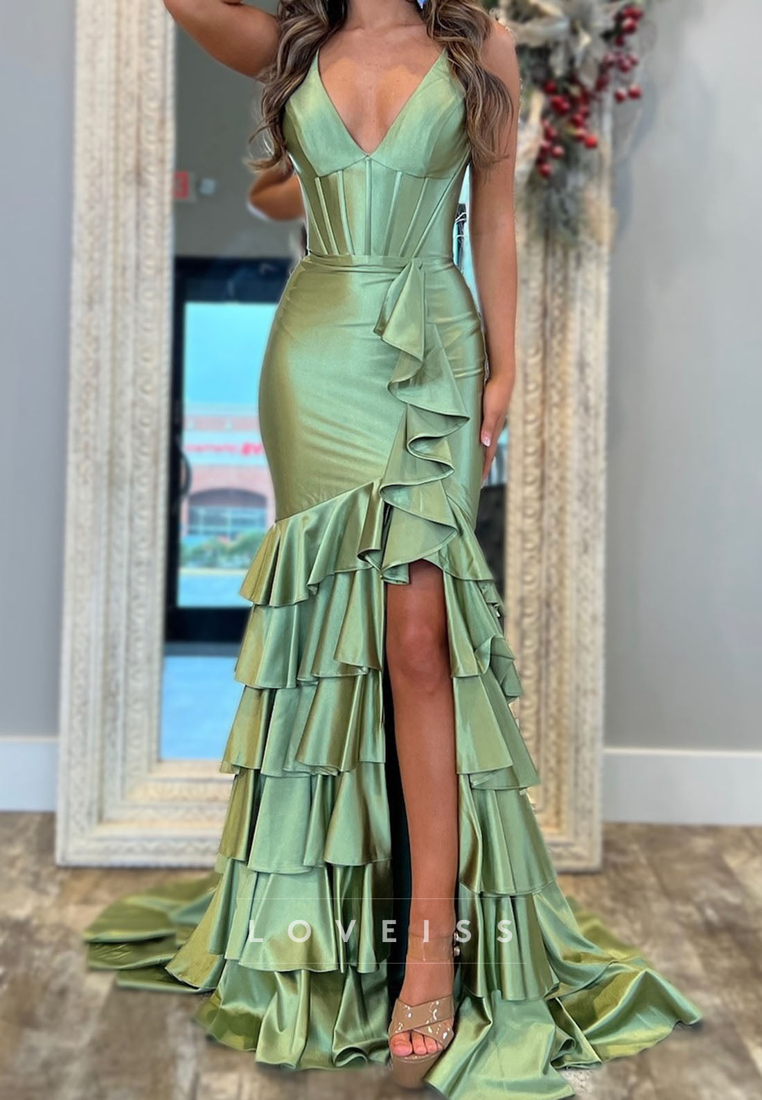 V-Neck Straps Ruffled Tiered Sheathh Prom Dress