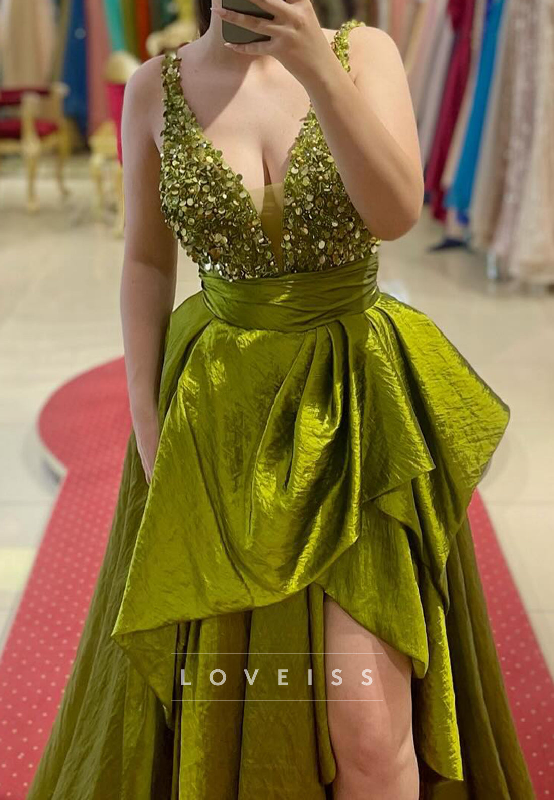 V-Neck Straps Sequins Ruched Side Slit A-Line Formal Dress